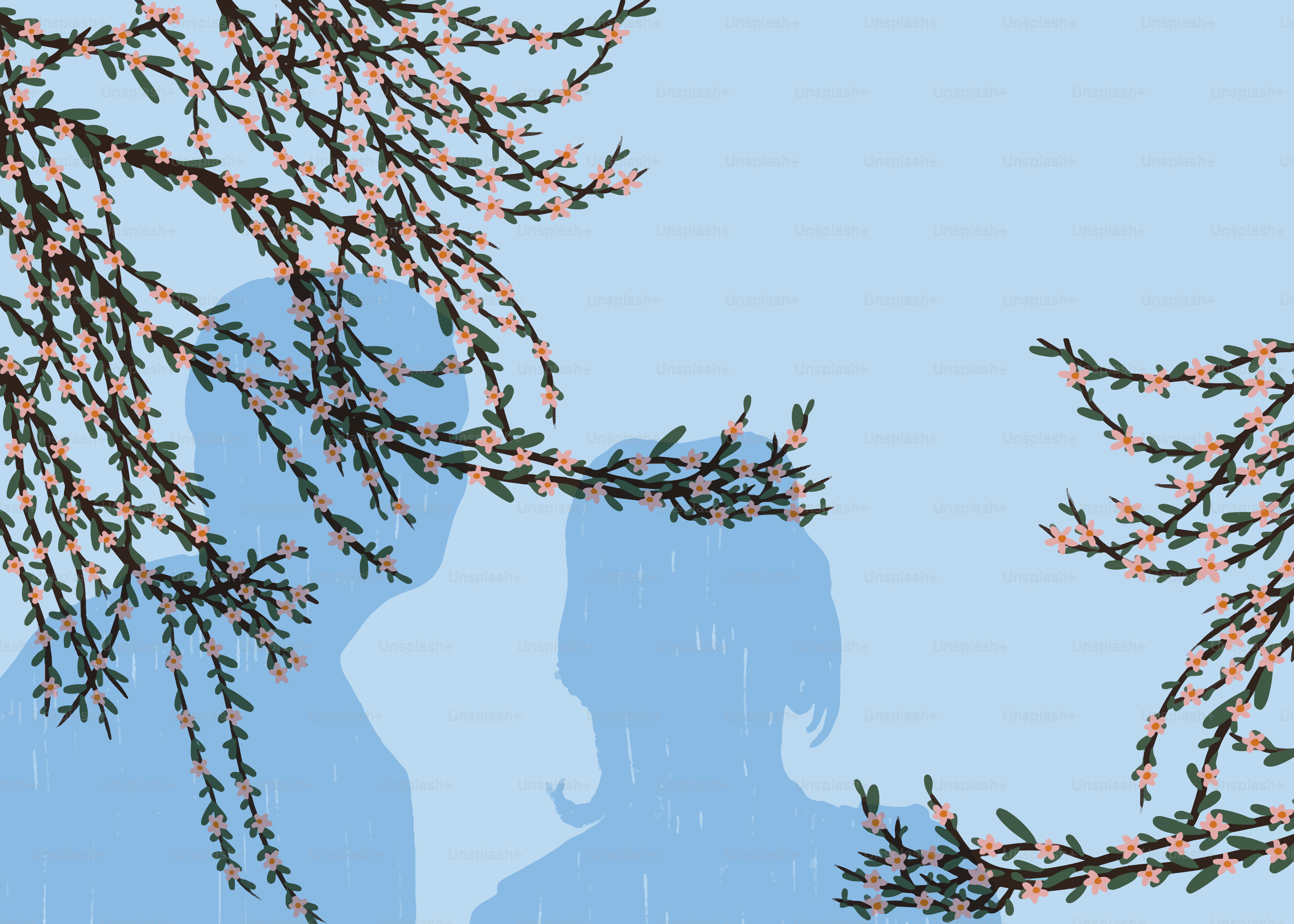 Silhouetten paaren sich mit blühenden Ästen.