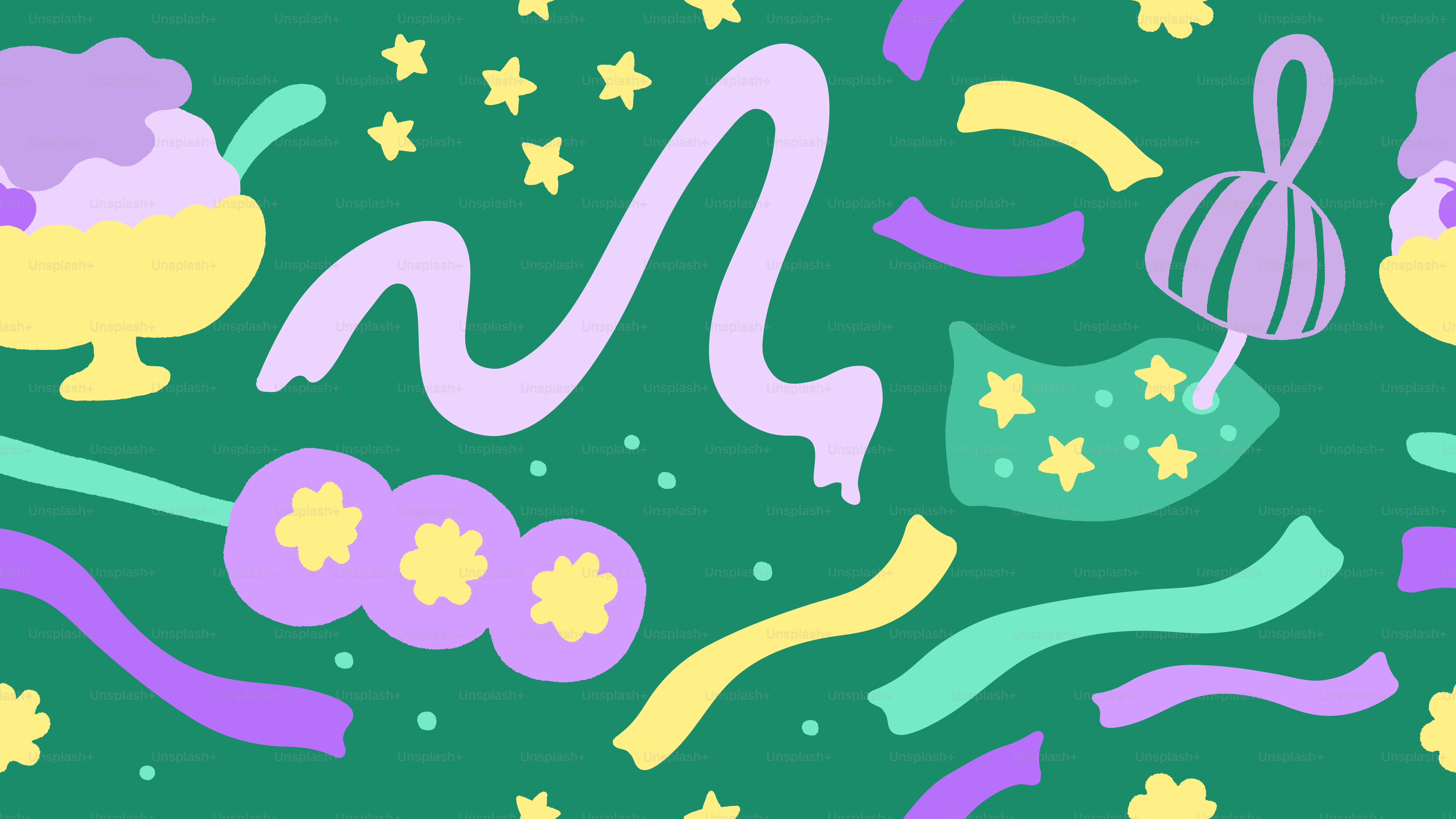 Festive cartoon decorations on a green background.