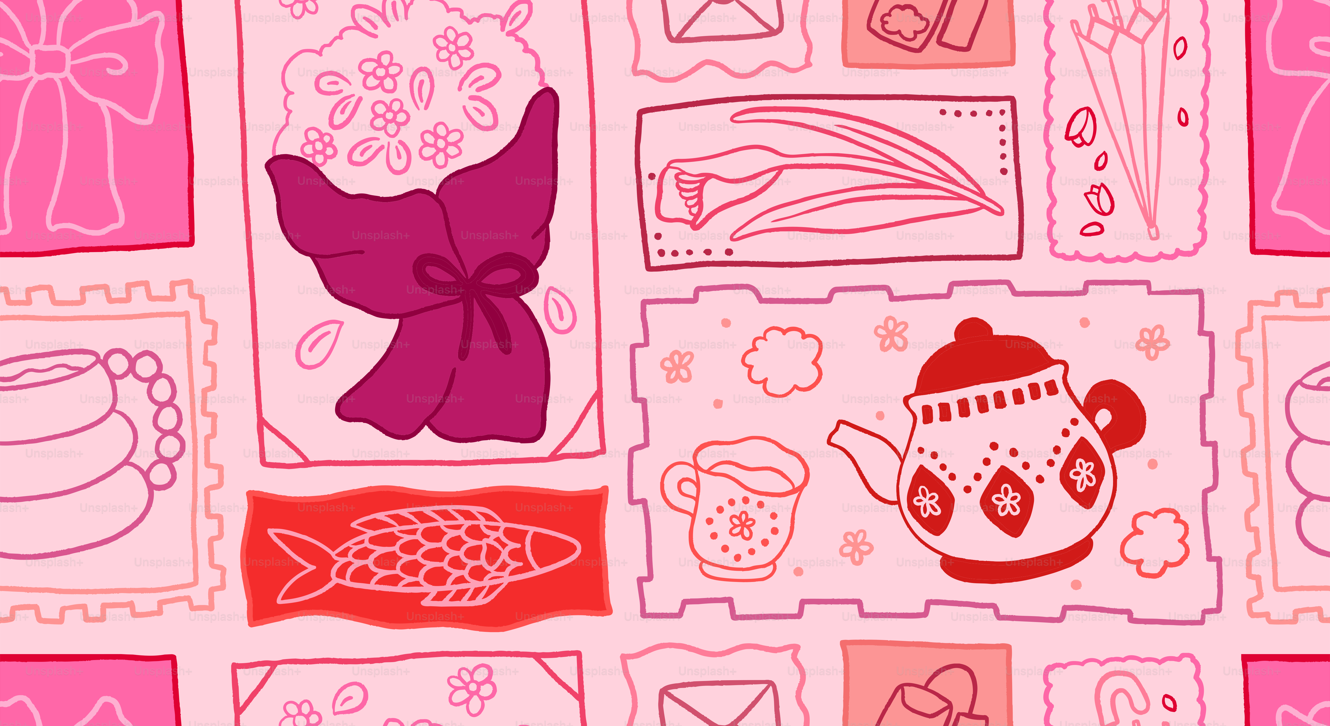 Illustrations of flowers, teacups, and more are displayed.