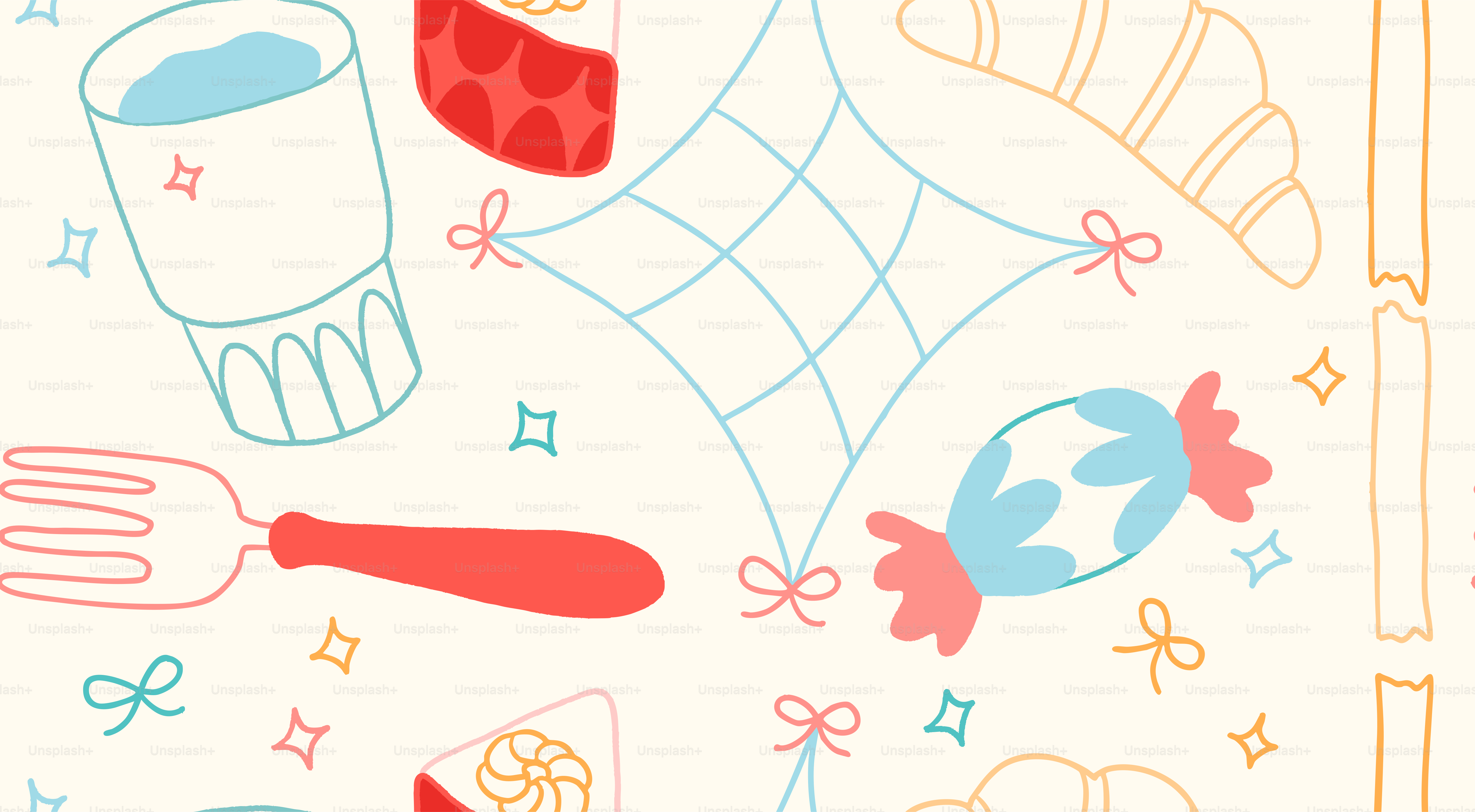Various food and shapes adorn this pastel background.