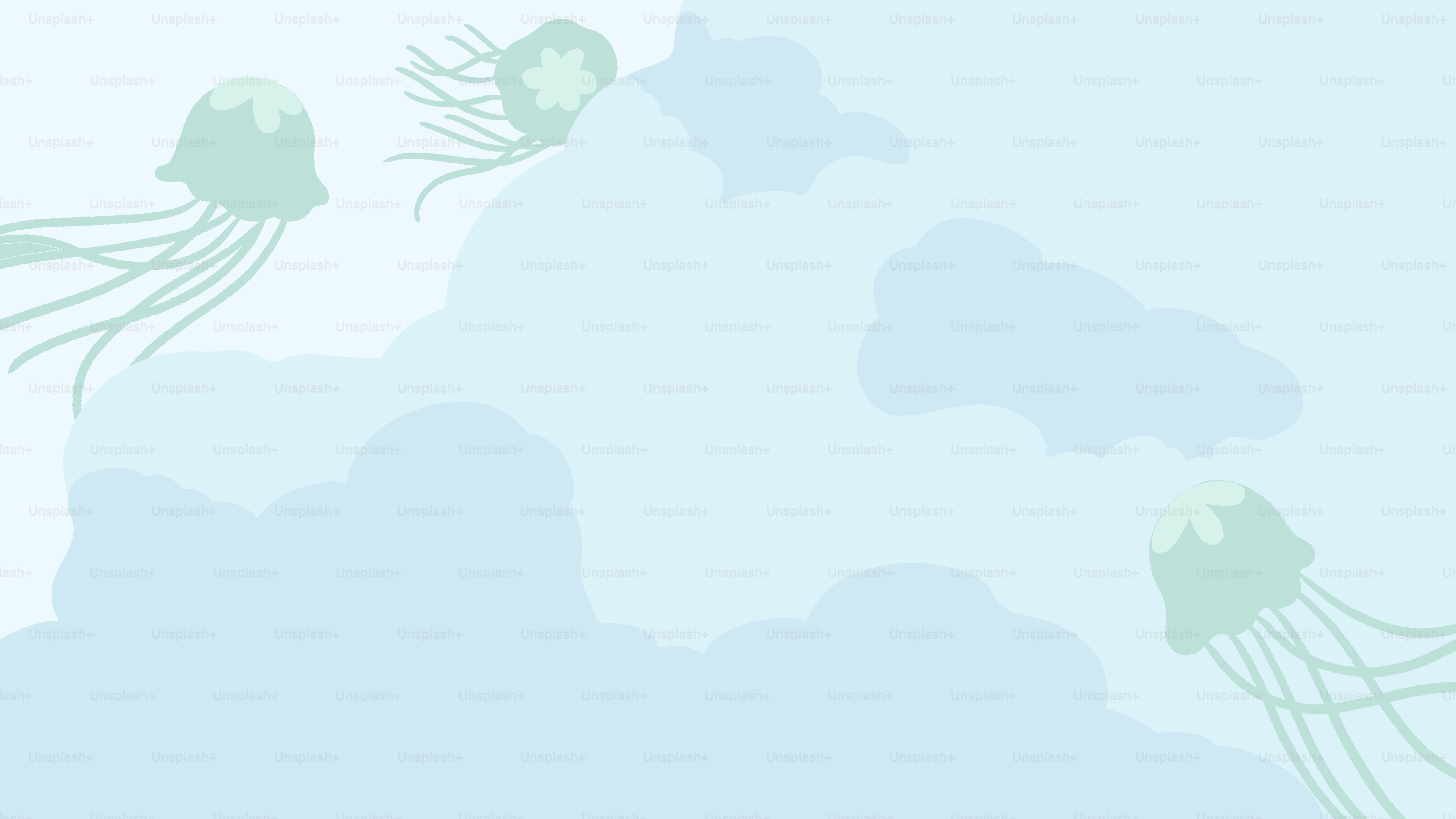 Jellyfish swim peacefully in a light blue ocean.