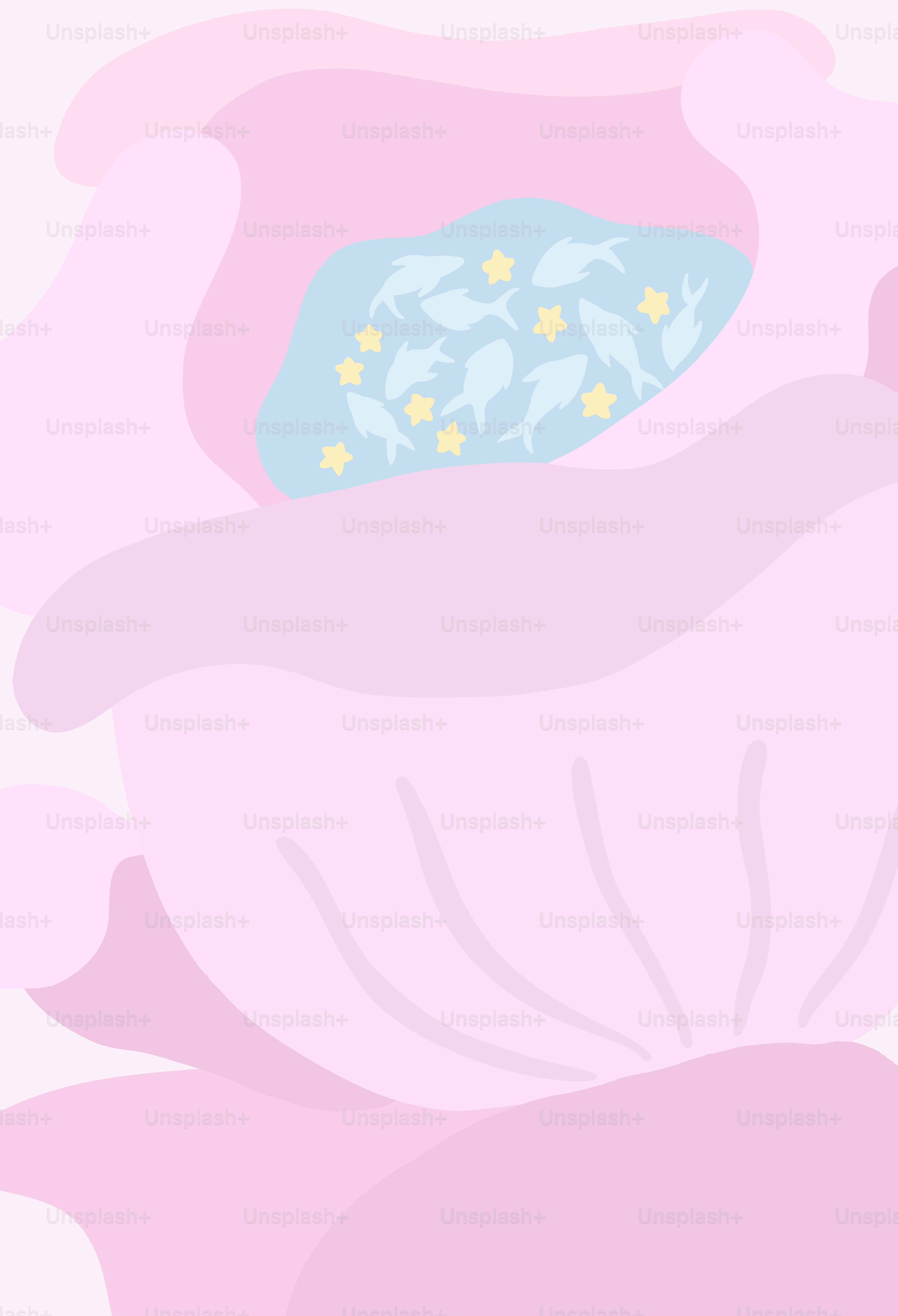 Pink flower with a pond of fish and stars.