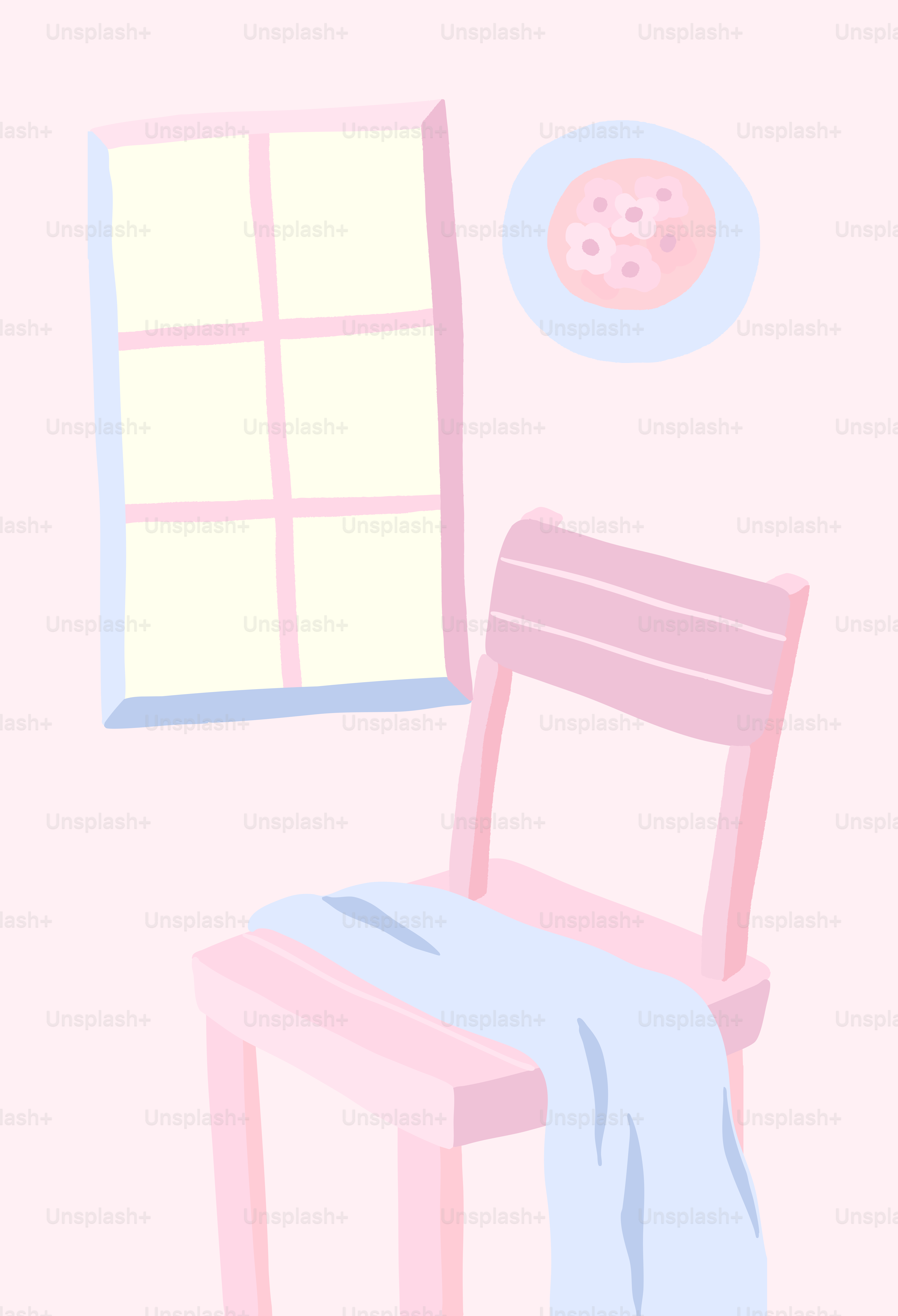 A pink chair, window, and plate.