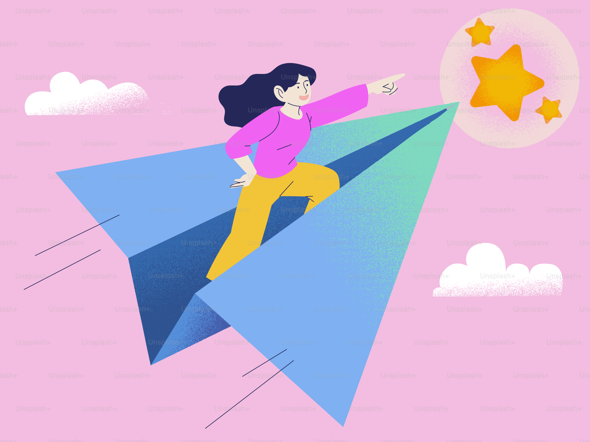 Woman soars towards stars on a paper airplane.