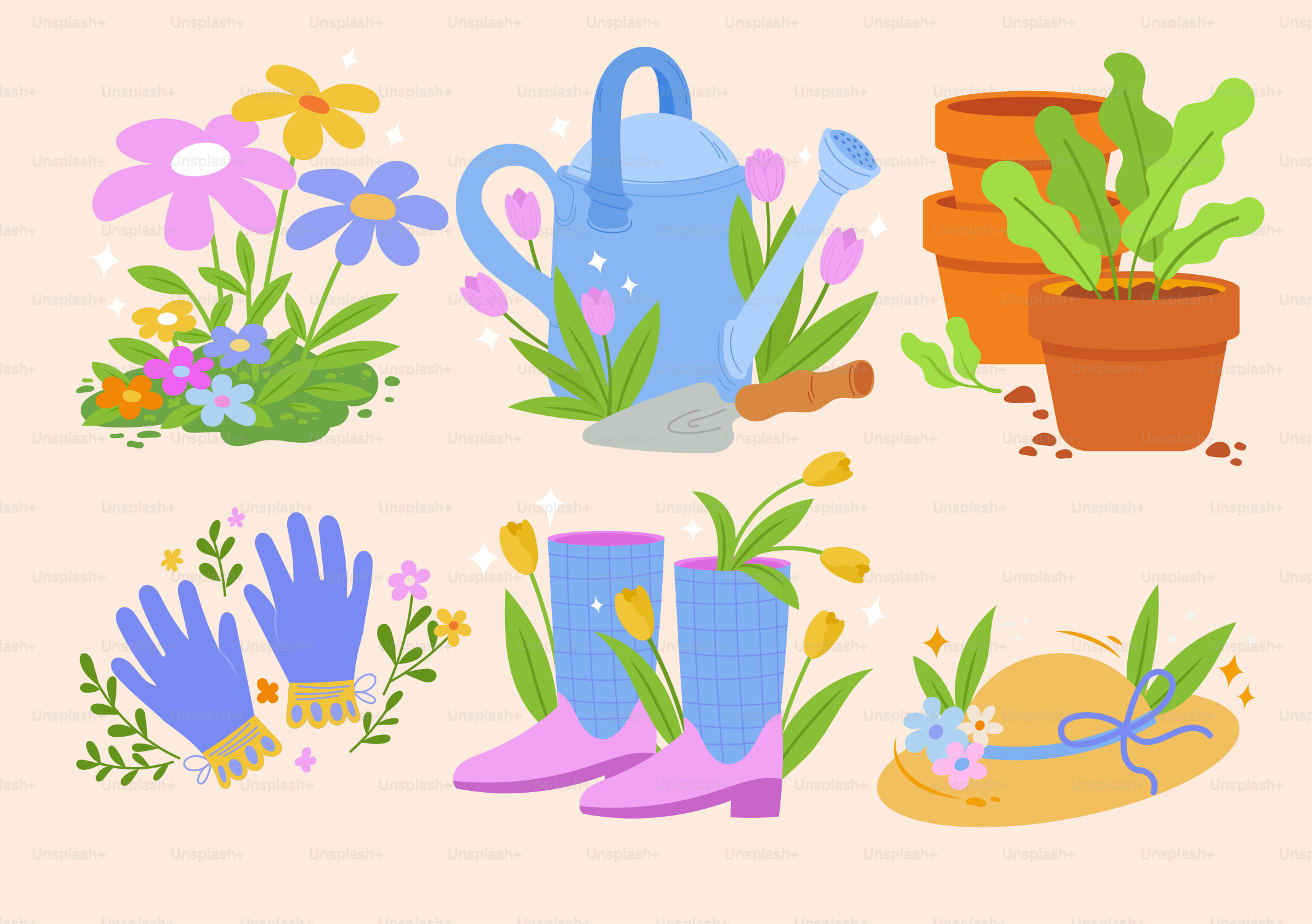Alat berkebun dan bunga ditampilkan dengan artistik.