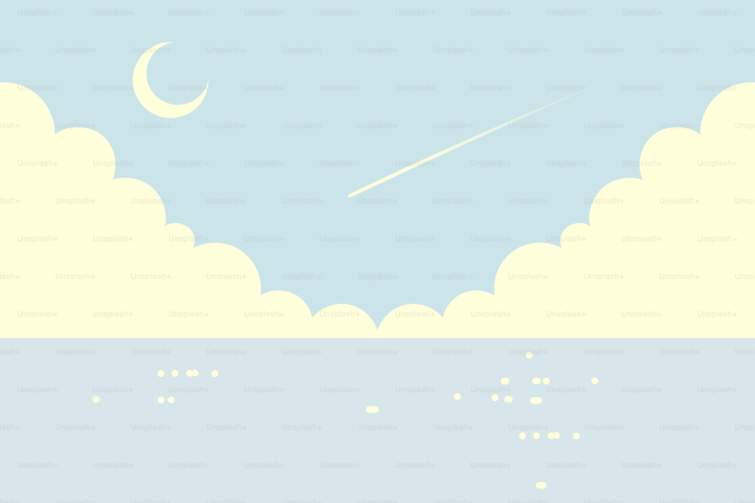 A crescent moon, clouds, and a shooting star.