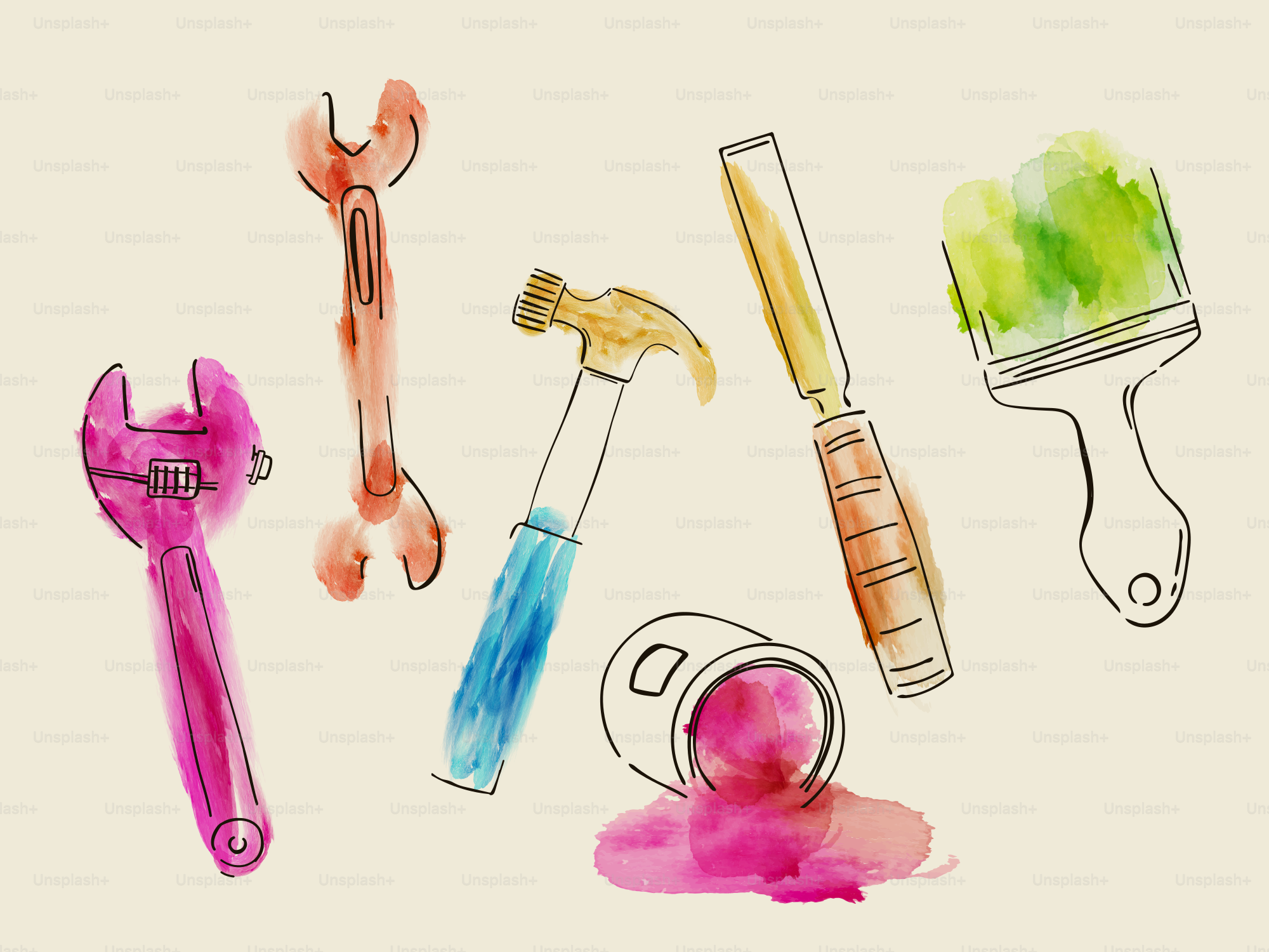 Herramientas de acuarela y pintura salpicadas sobre un fondo beige.