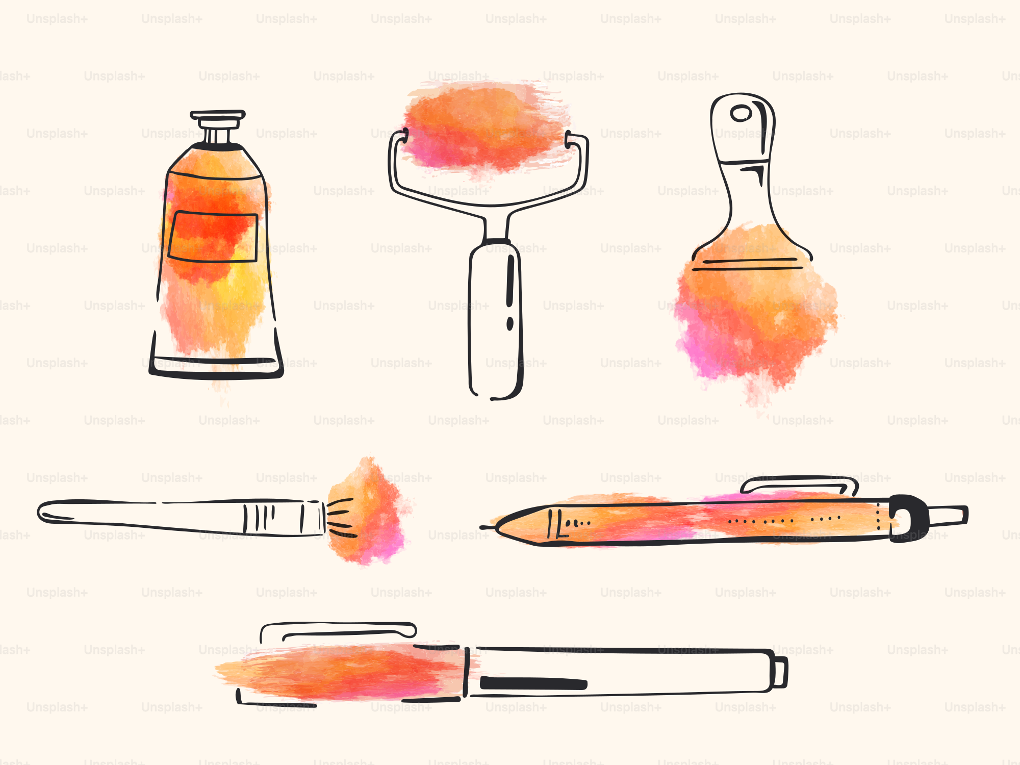 Se presentan materiales de arte con salpicaduras de acuarela.