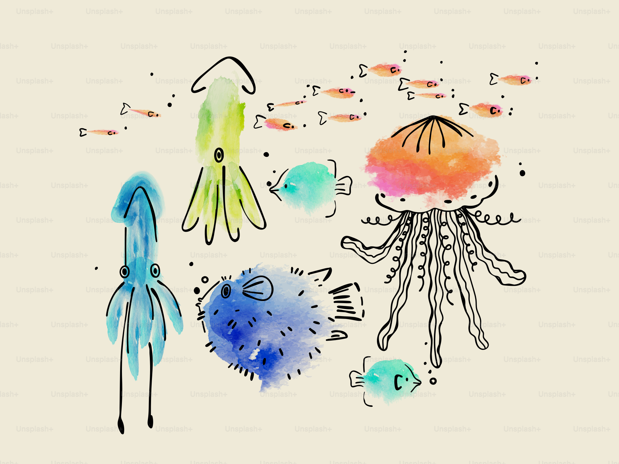 Watercolor sea creatures swim in the ocean.