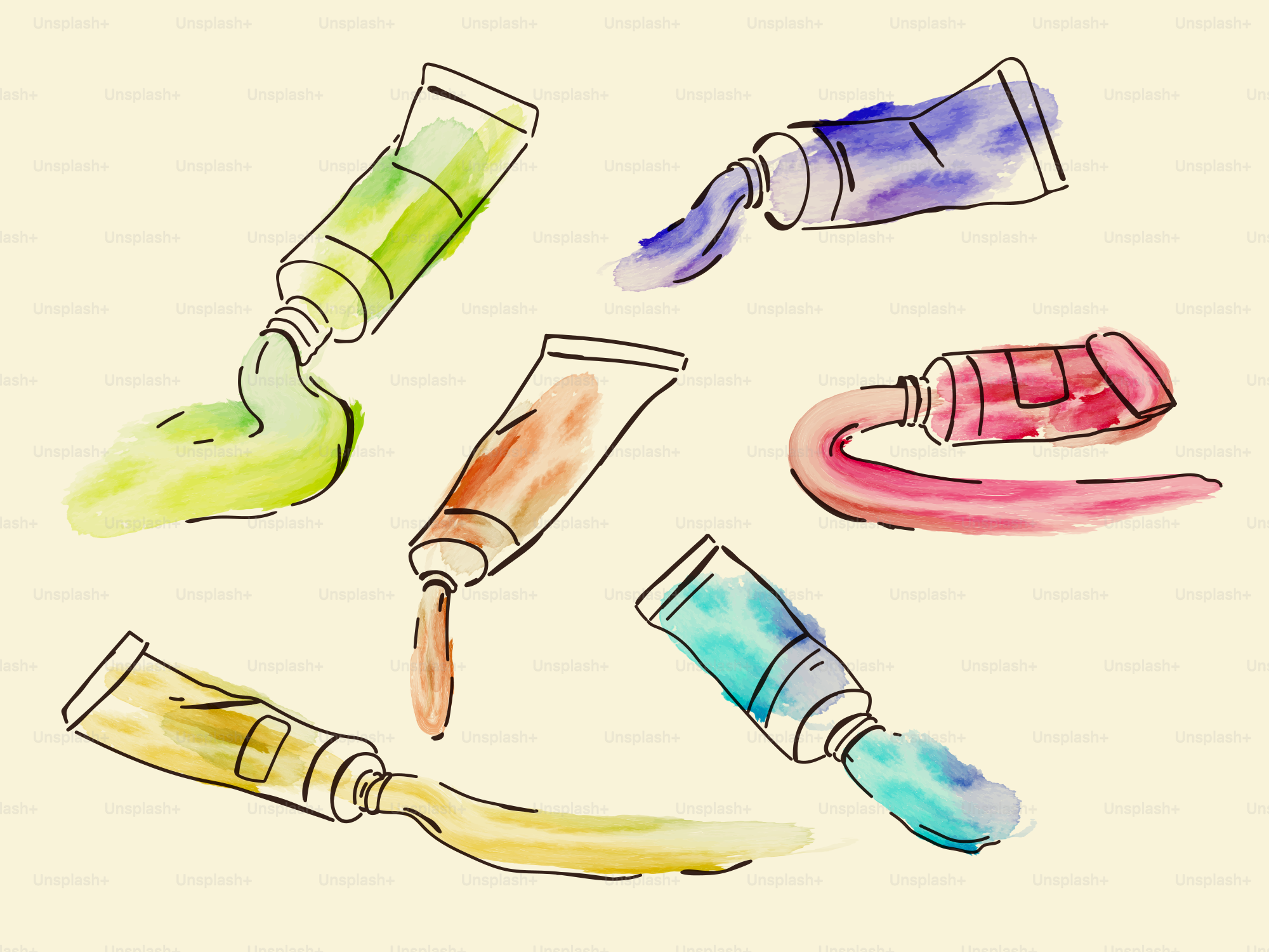 Tubetti di vernice ad acquerello con vernice colorata che si riversa.