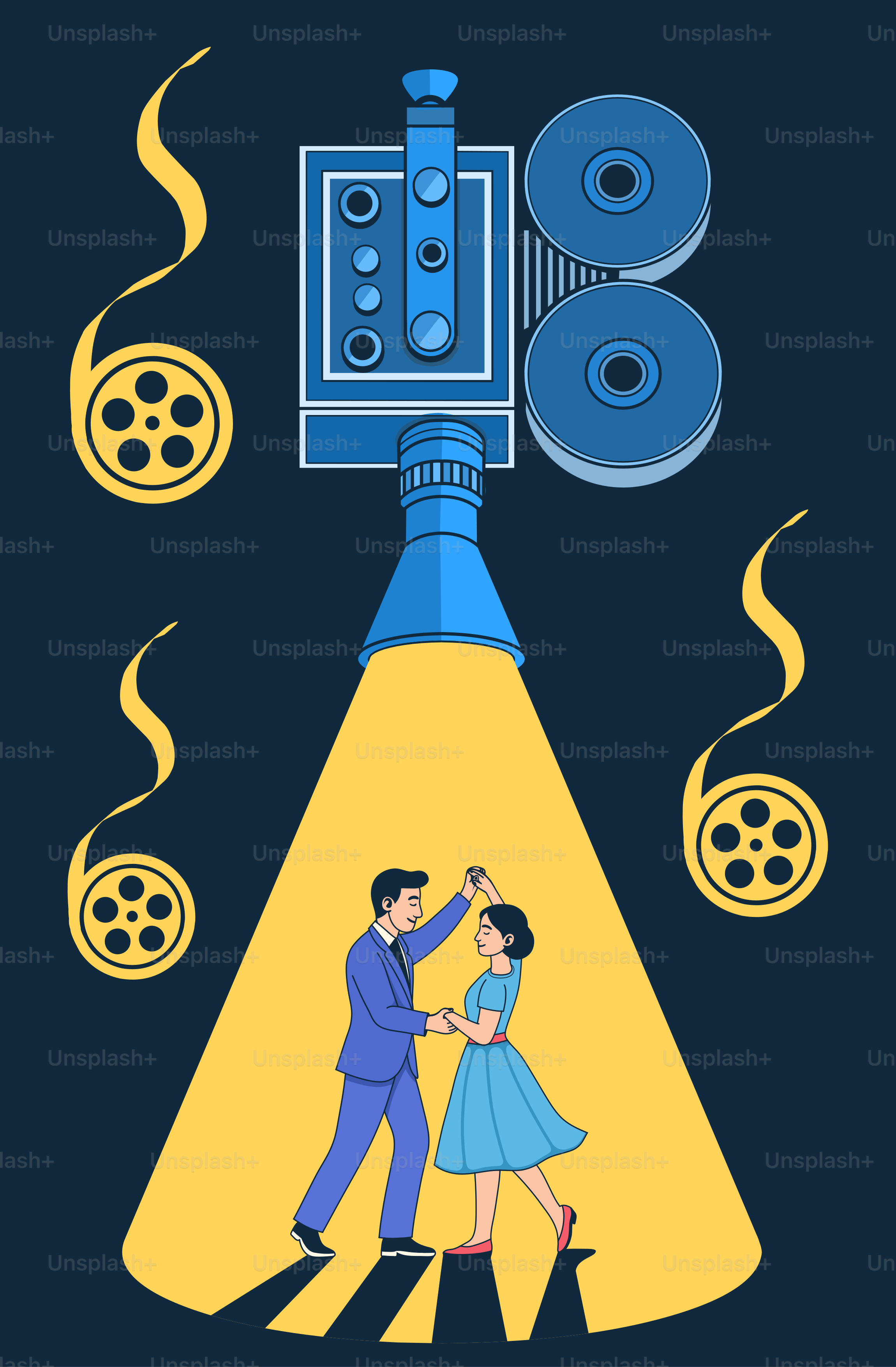 Un projecteur de film met en lumière un couple dansant.