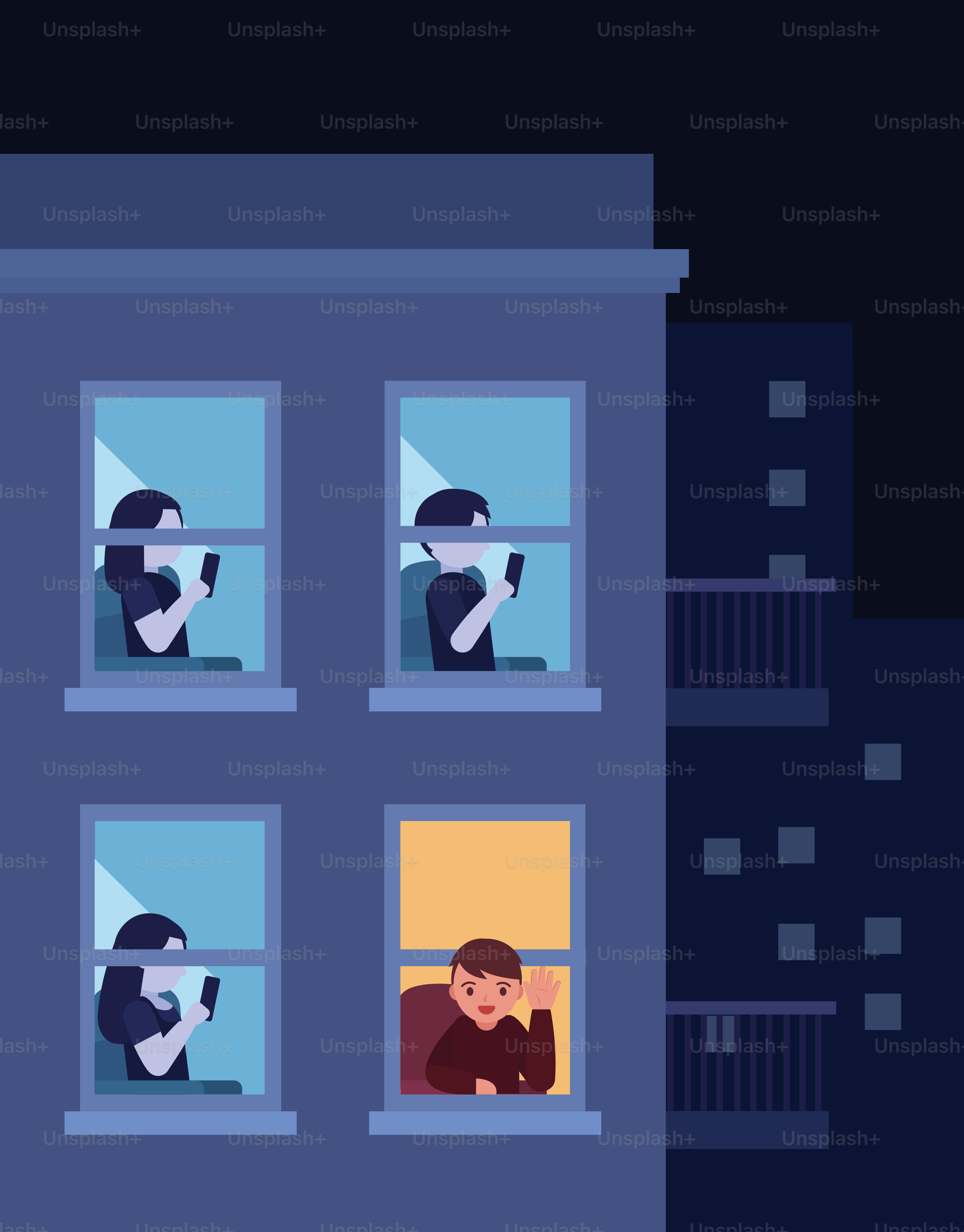 People in windows using their phones at night.