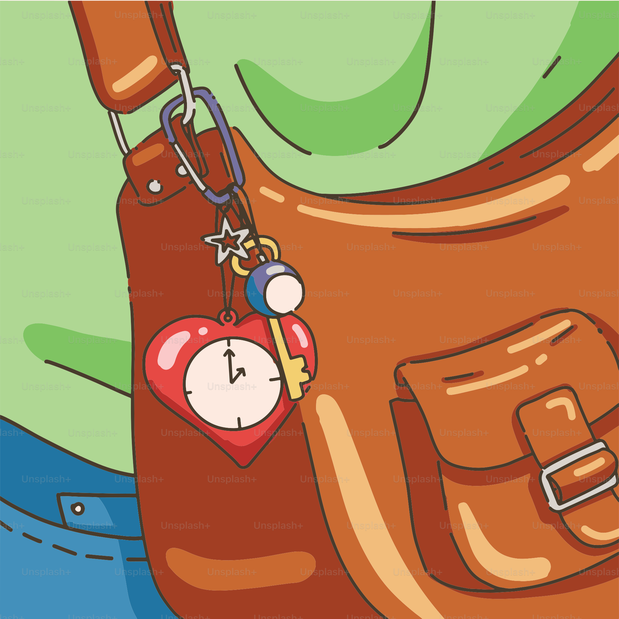 A bag with charms hangs on someone's shoulder.