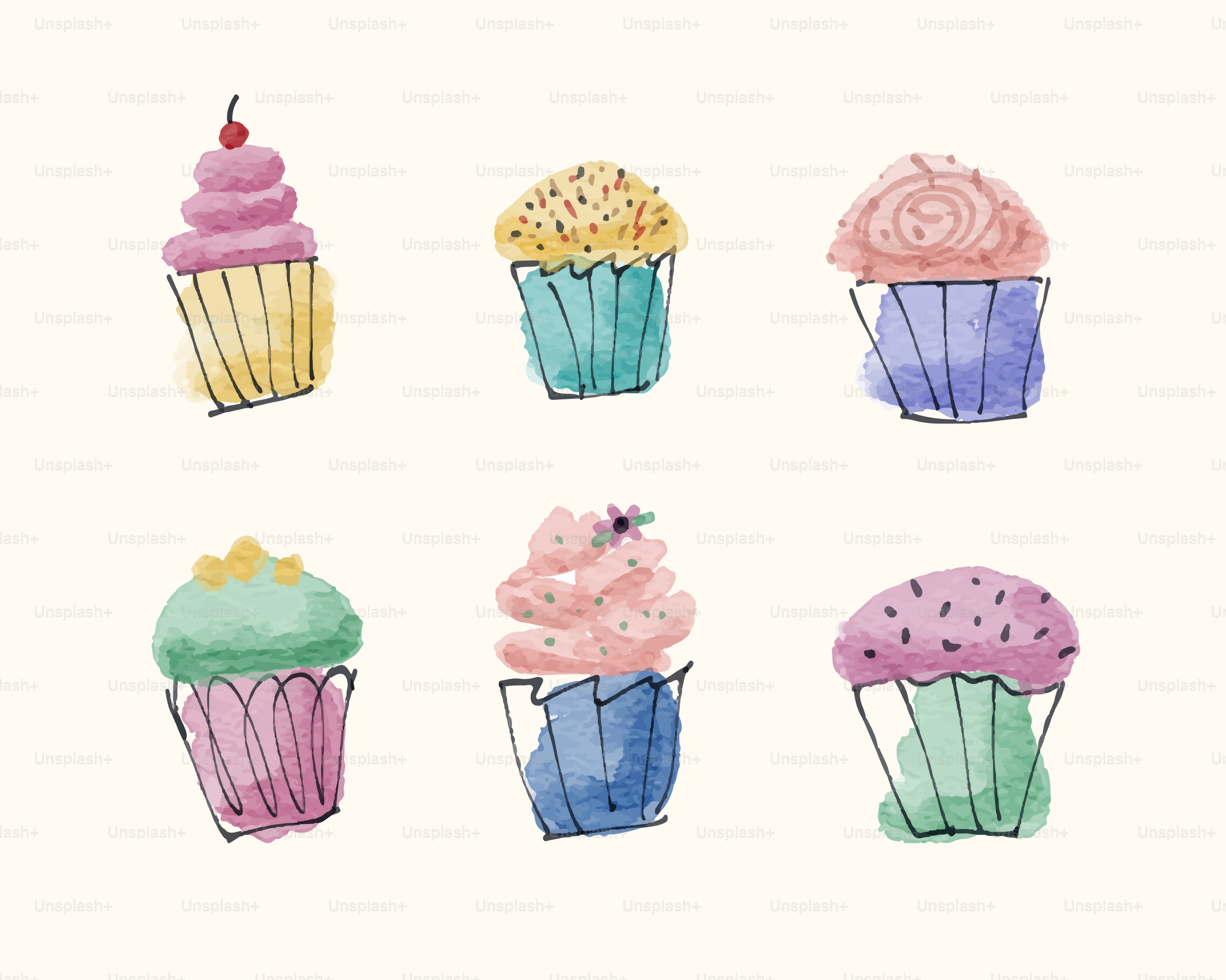 Aquarell-Cupcakes auf hellem Hintergrund.