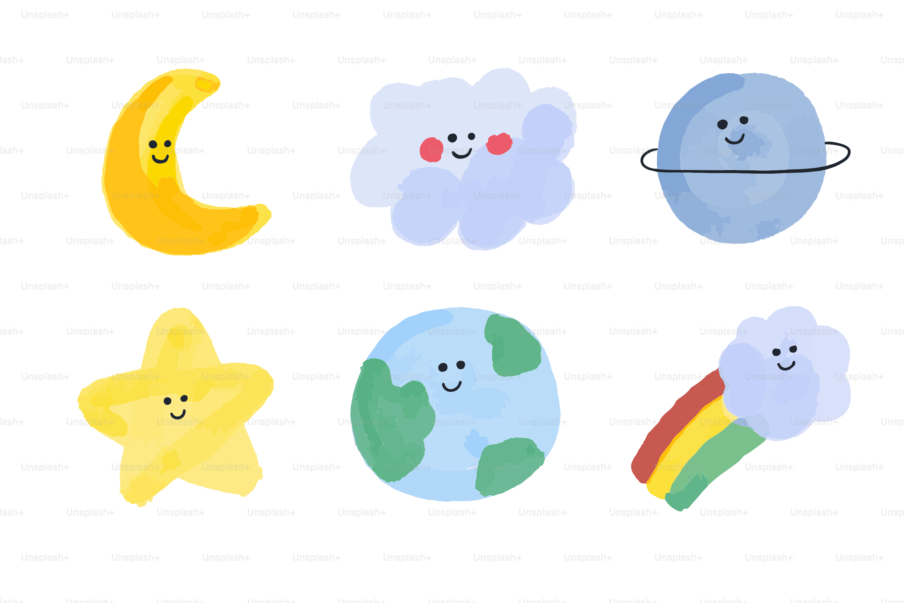 Simpatiche illustrazioni di oggetti celesti con volti sorridenti.