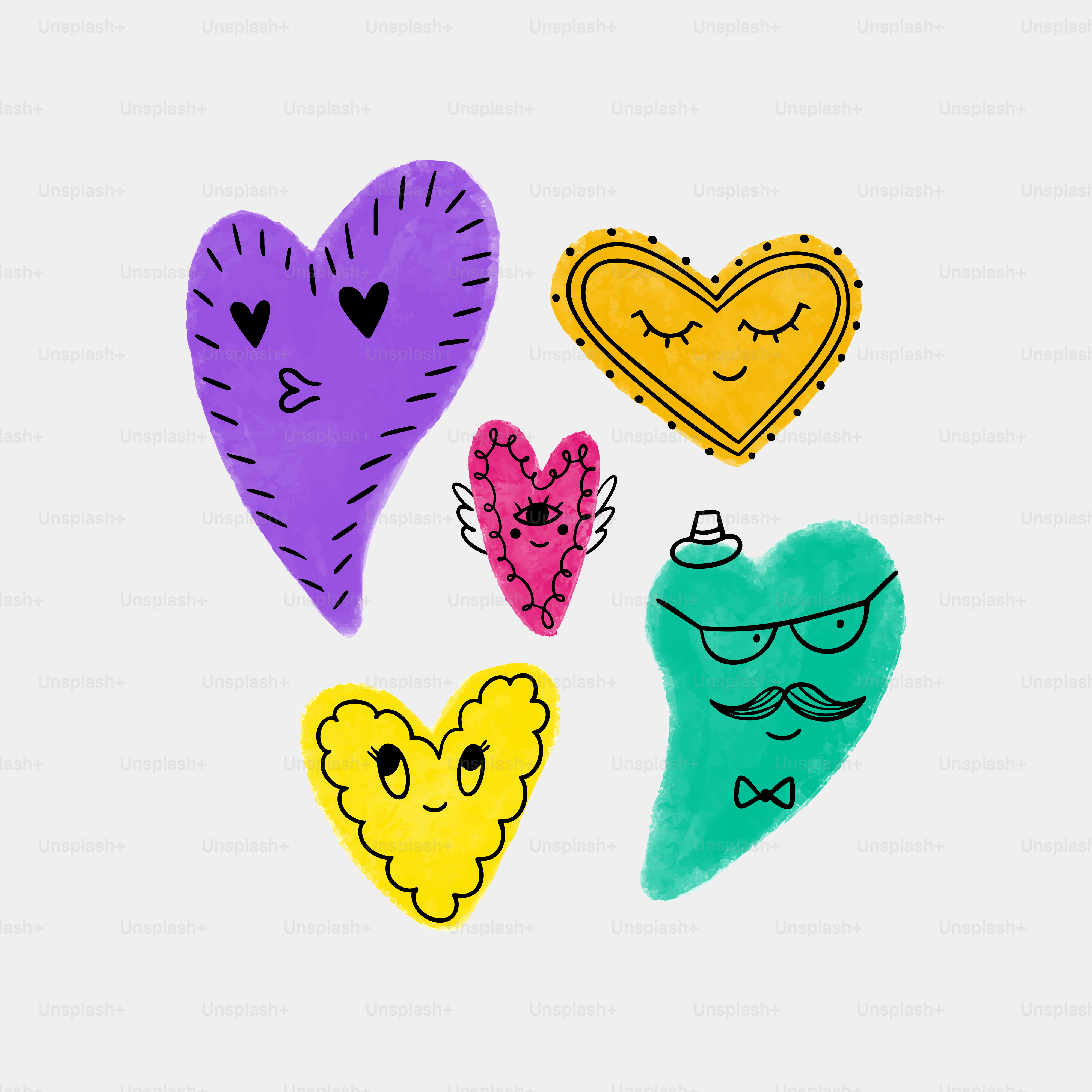 Whimsical cartoon hearts with unique personalities.