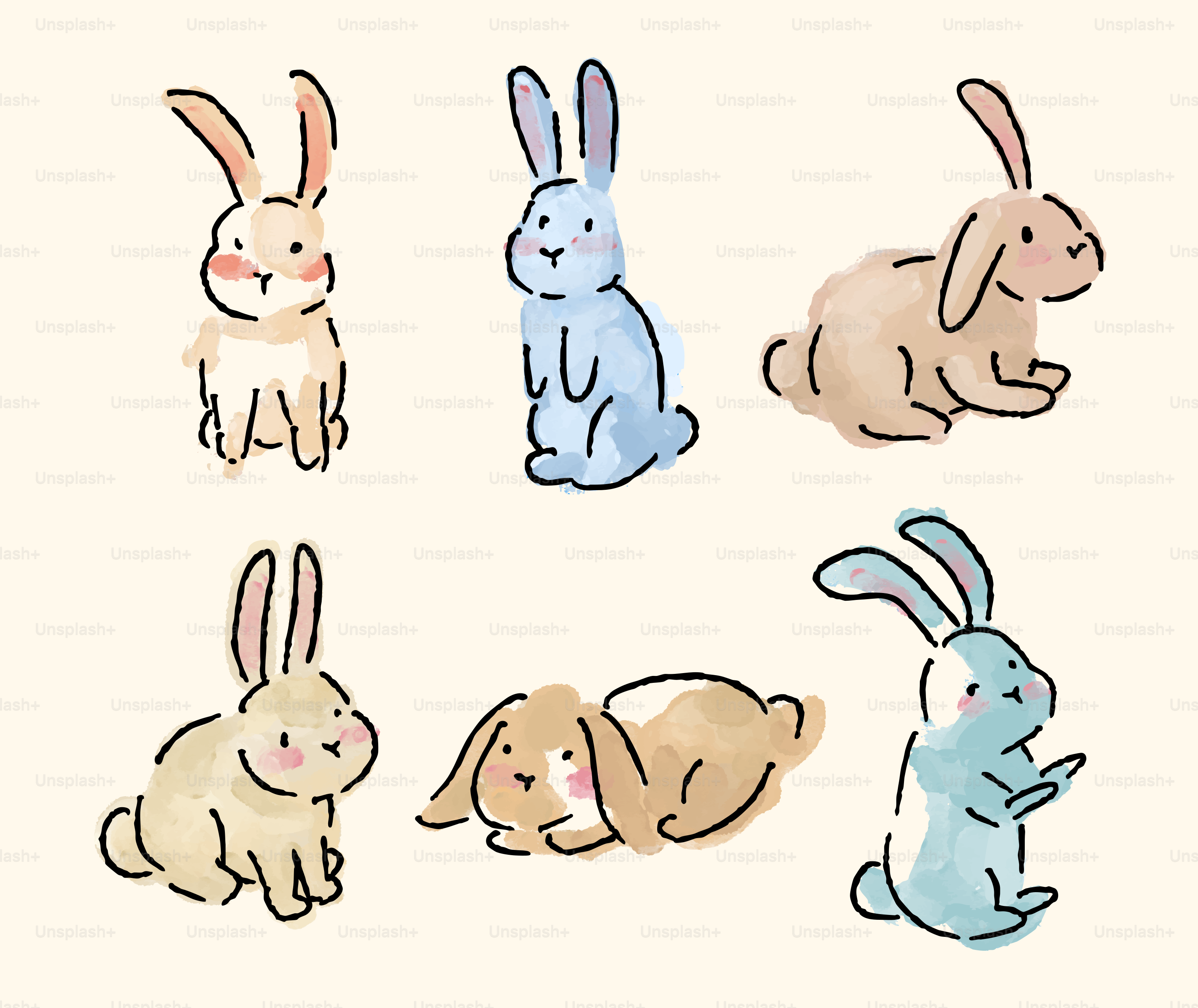 De jolies illustrations à l’aquarelle d’adorables lapins.