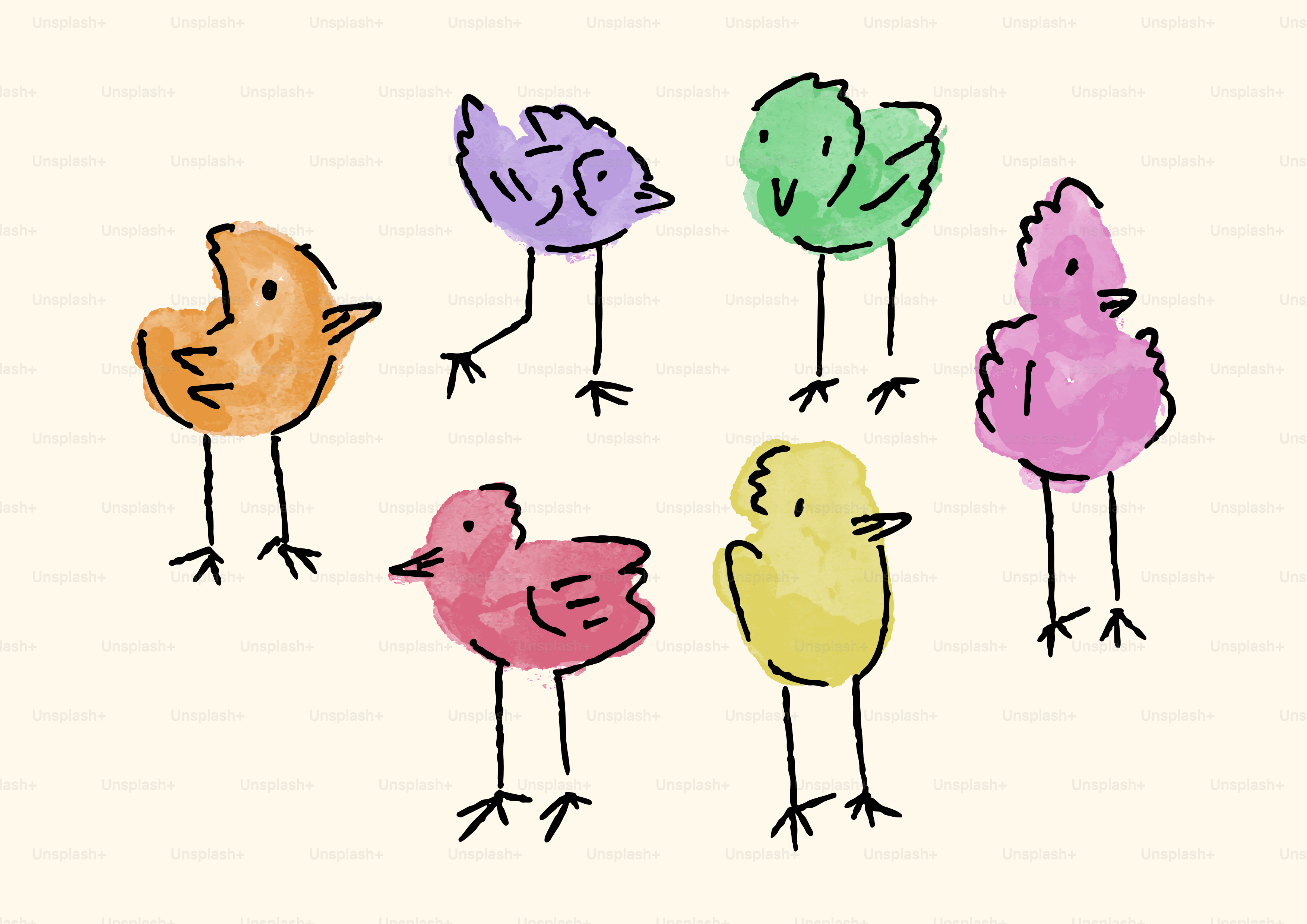 Sept oiseaux colorés et mignons debout ensemble.