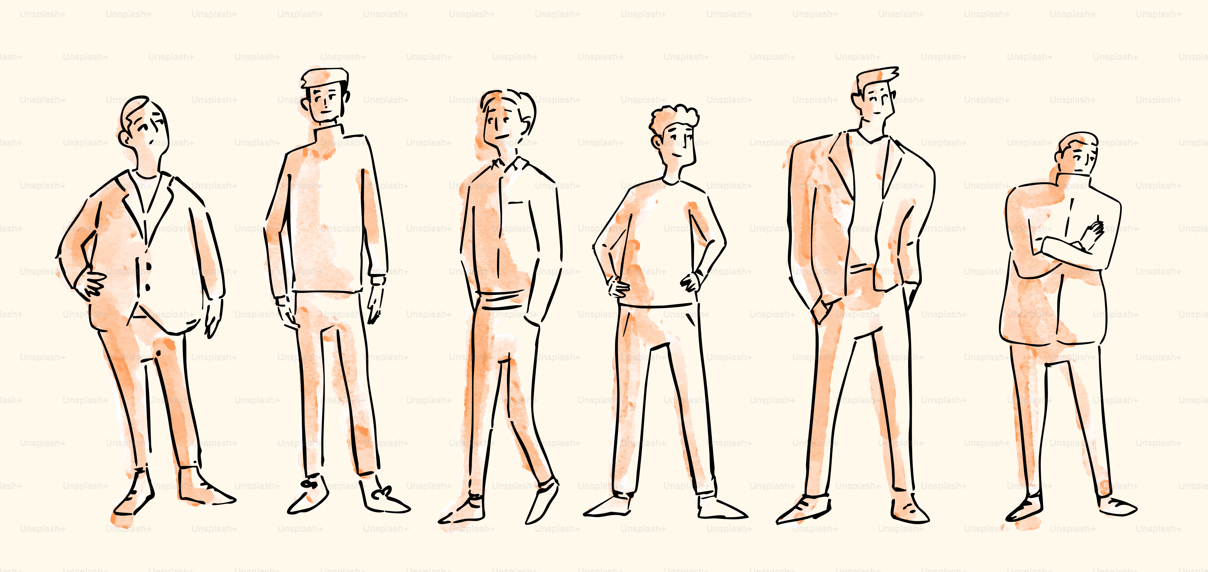 Six hommes stylisés sont représentés en rangée.