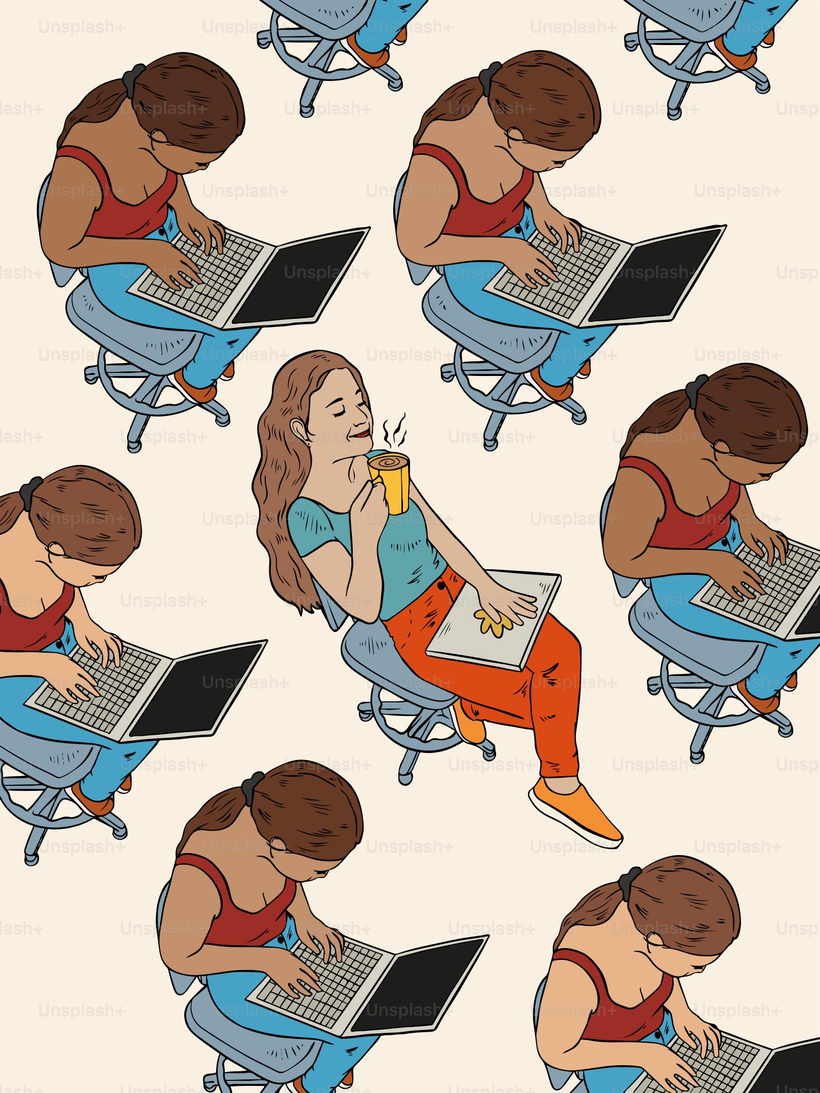 One woman takes a break while others work on laptops.