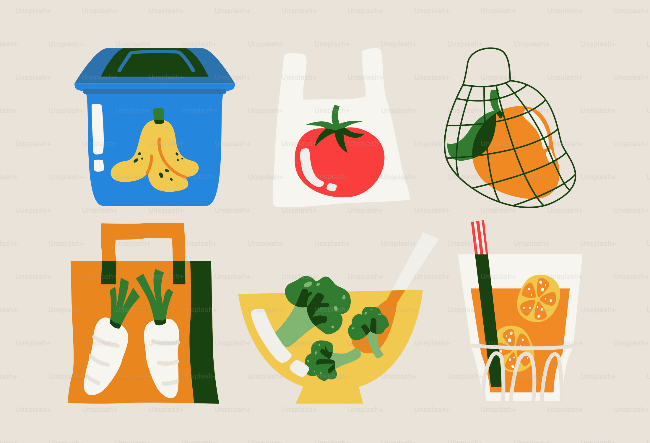 Healthy food and recycling are illustrated.