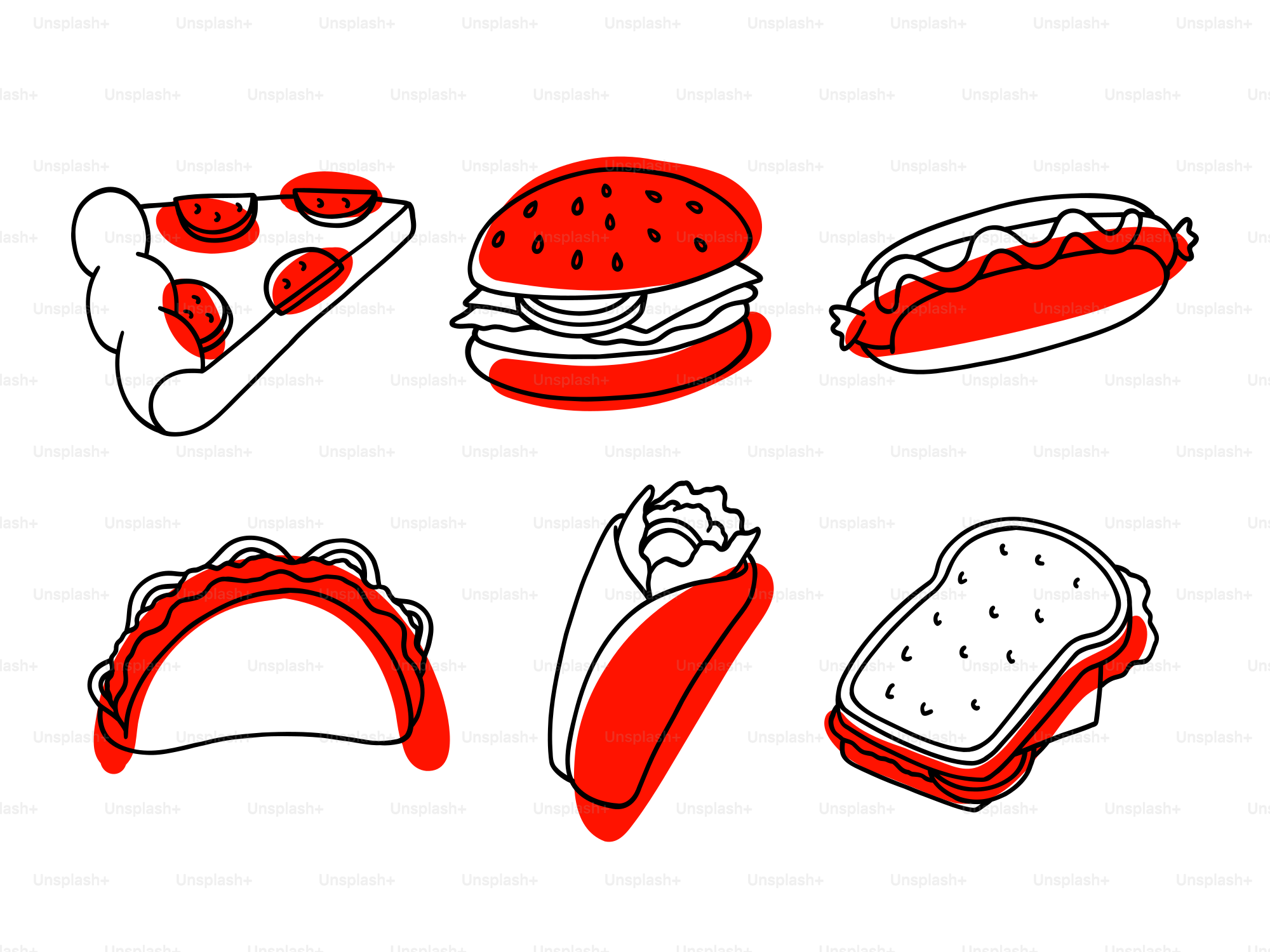 몇 가지 선택지를 소개합니다: * 다양한 종류의 패스트푸드를 연속으로 제공합니다. * 다양한 패스트푸드 메뉴가 보여집니다. * 다양한  정크푸드 이미지. 벡터 – Unsplash의 음식 이미지, image size:3000x2250