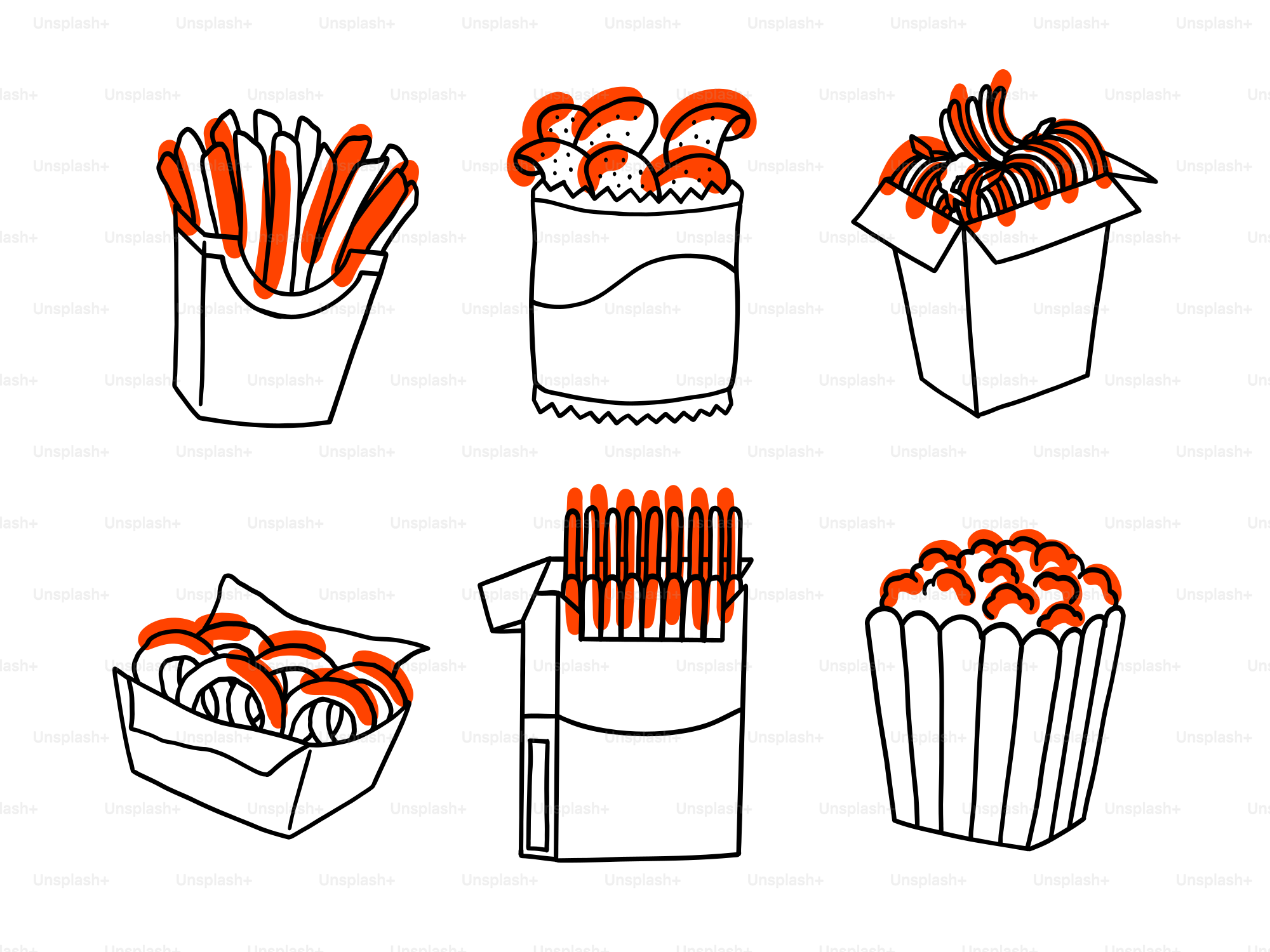 Various illustrations of fast food items.