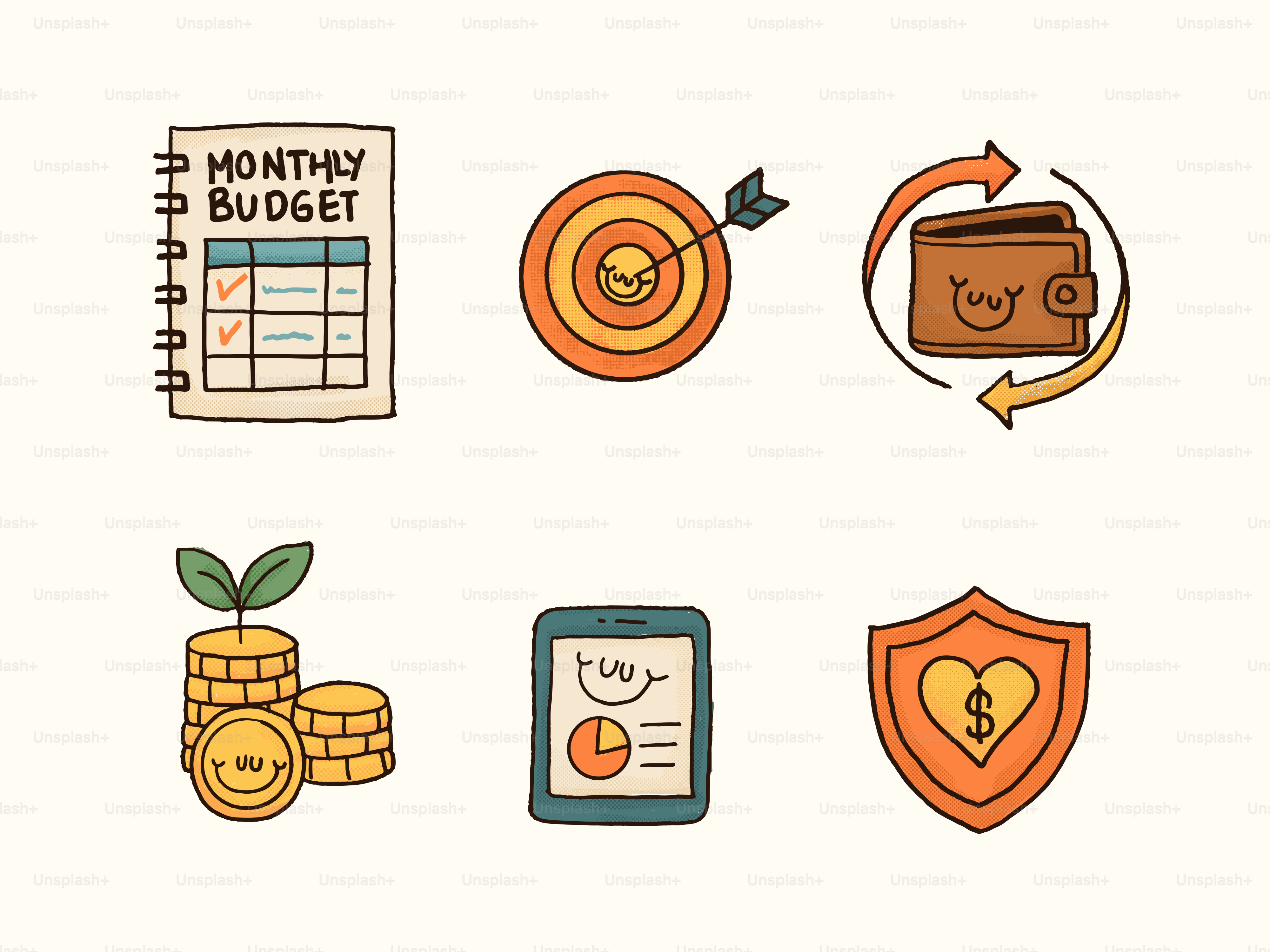 Financial planning and budgeting concepts are illustrated.