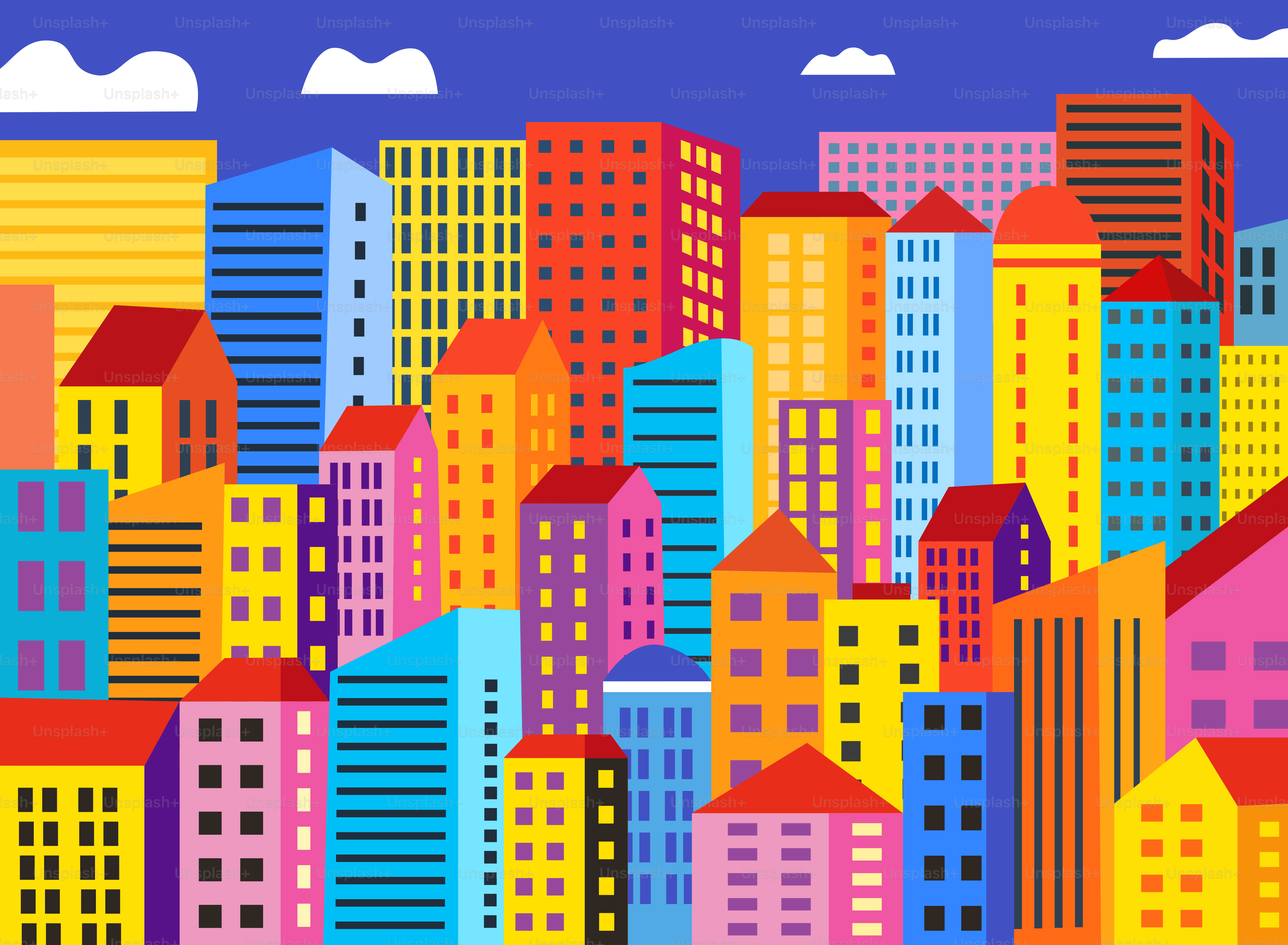 Colorful skyscrapers fill the vibrant city skyline.