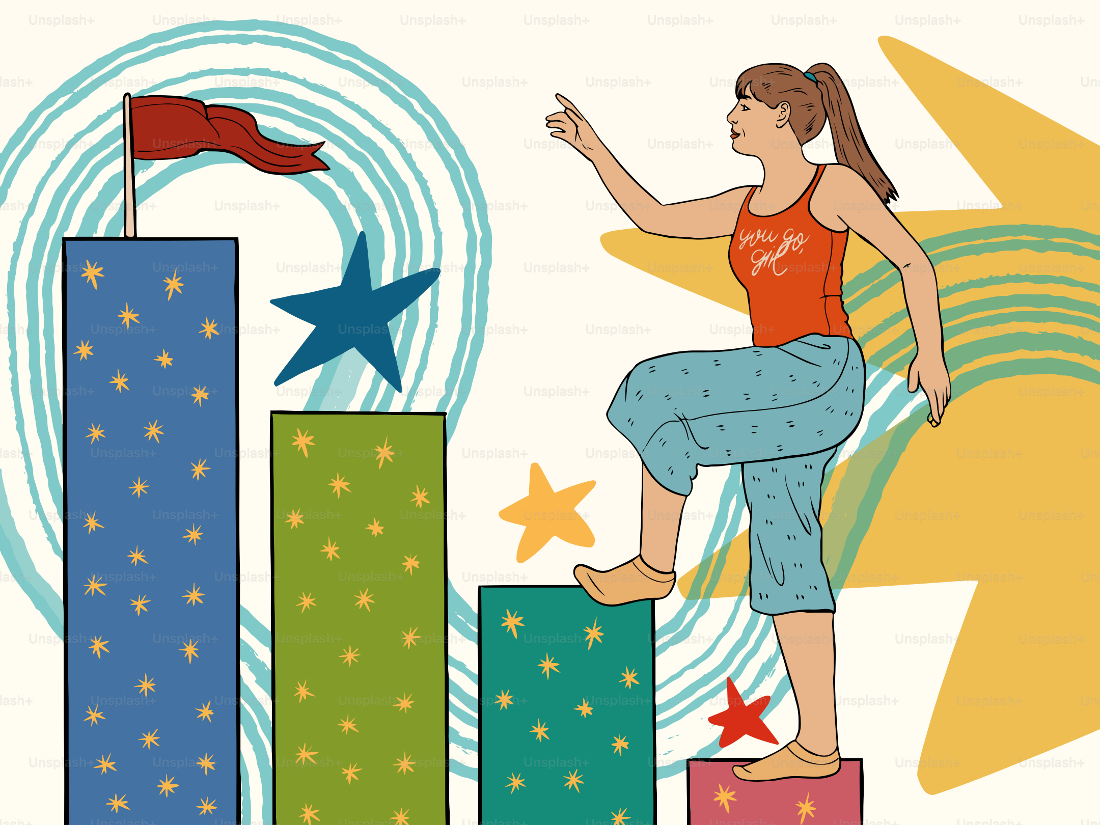 目標を達成するために階段を上る女性。