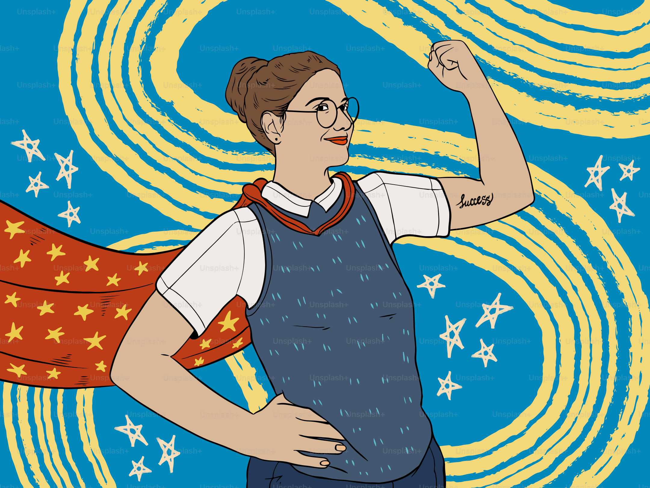 強い女性がスーパーヒーローのようなポーズをとる。