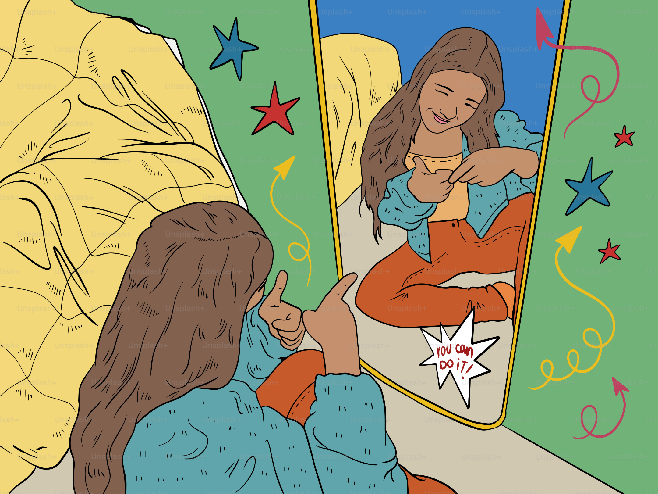 女性が鏡の前で自分自身を見つめている。