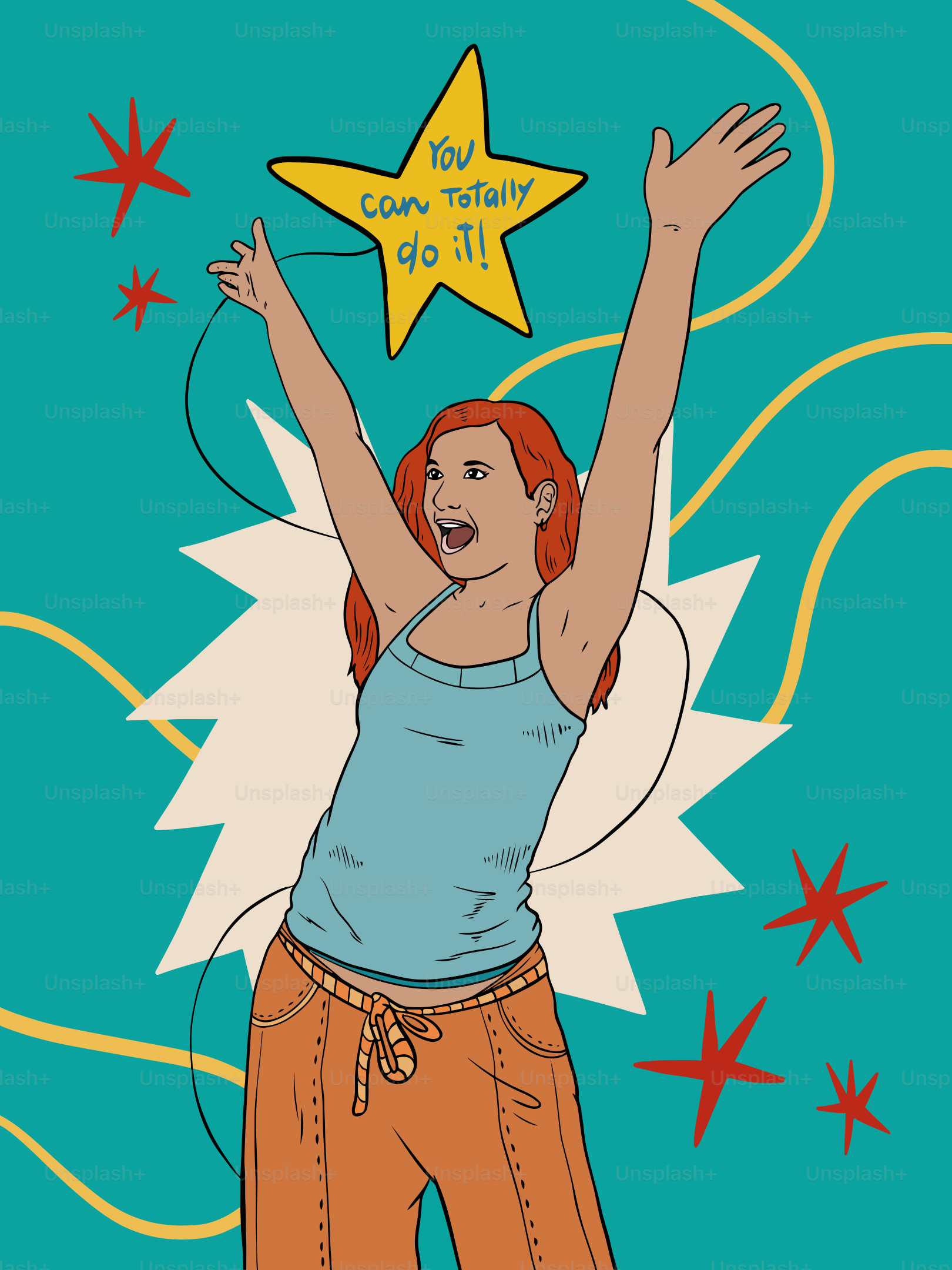 女性は星型の励ましで成功を祝います。