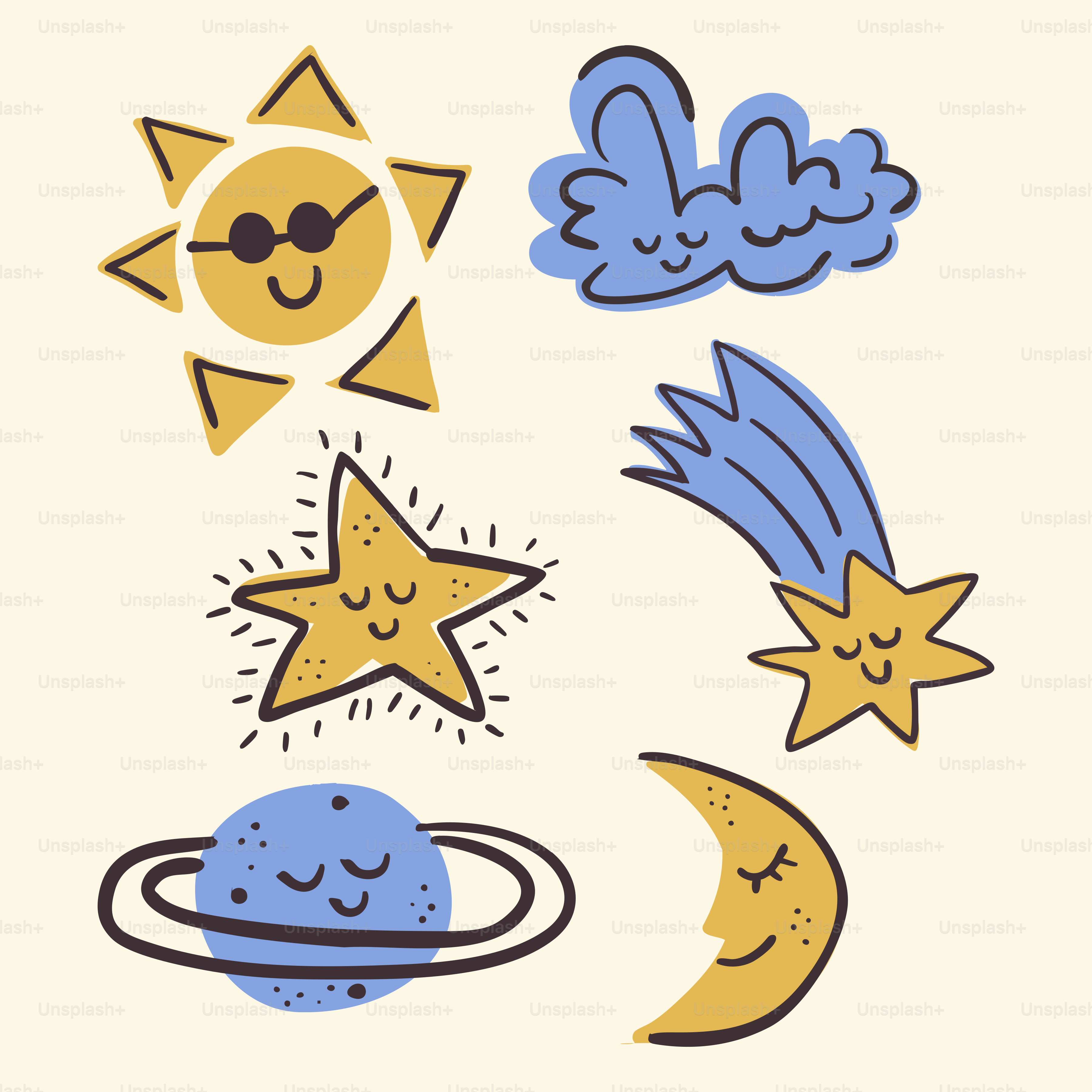 Niedliche himmlische Illustrationen mit lächelnden Gesichtern.