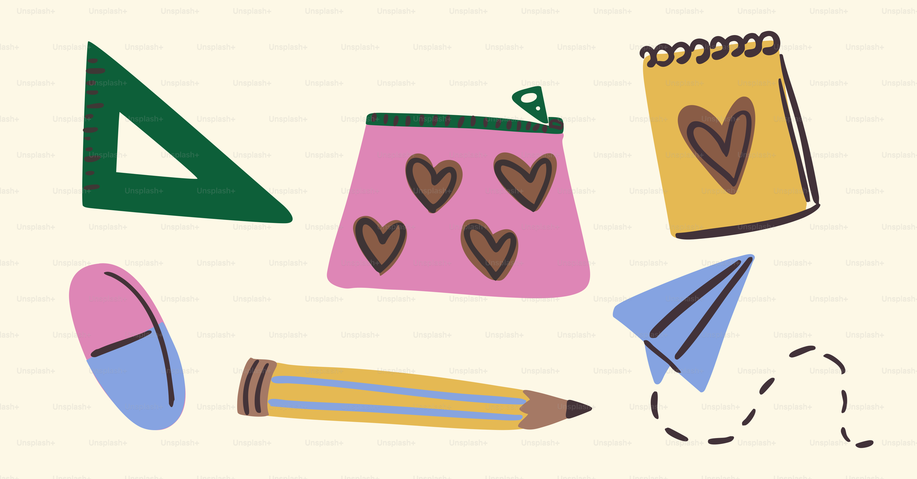 Os itens de papelaria são dispostos em um fundo amarelo claro. vetor –  Imagem sobre Escola na Unsplash, image size:3000x1570