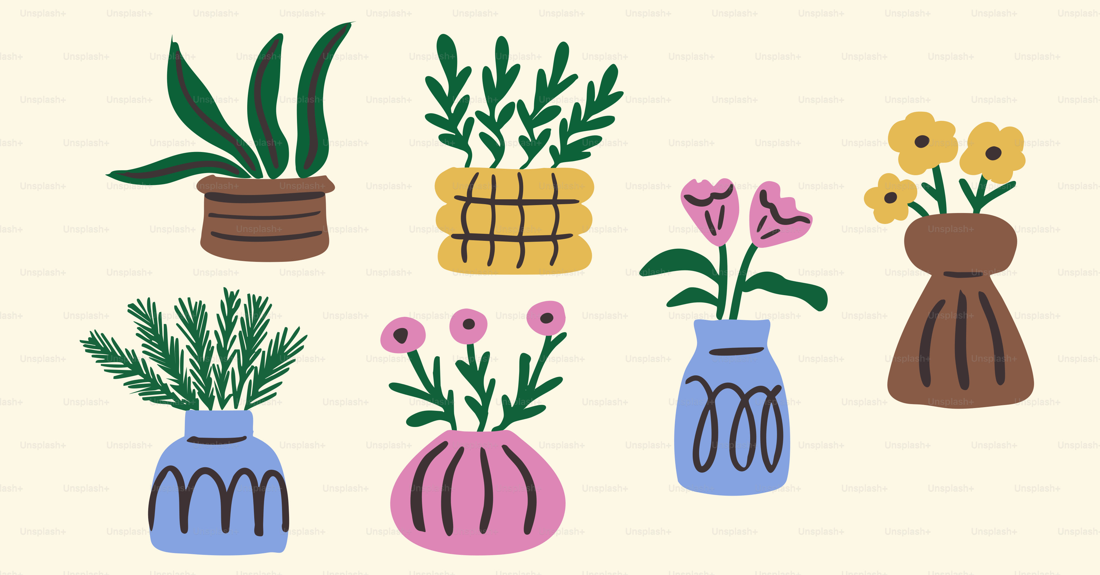 Various stylized plants and flowers in pots.