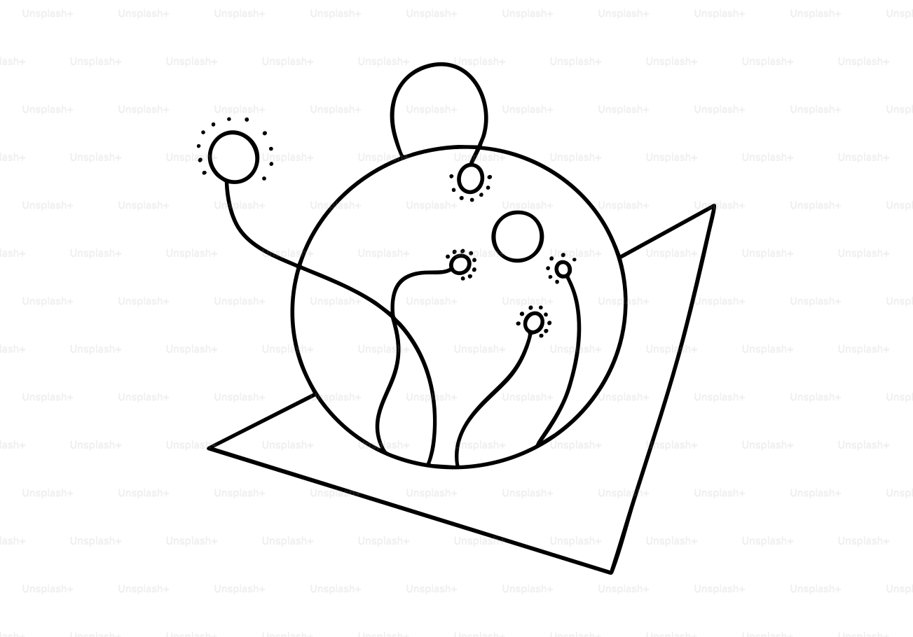 A geometric design with spheres and lines.