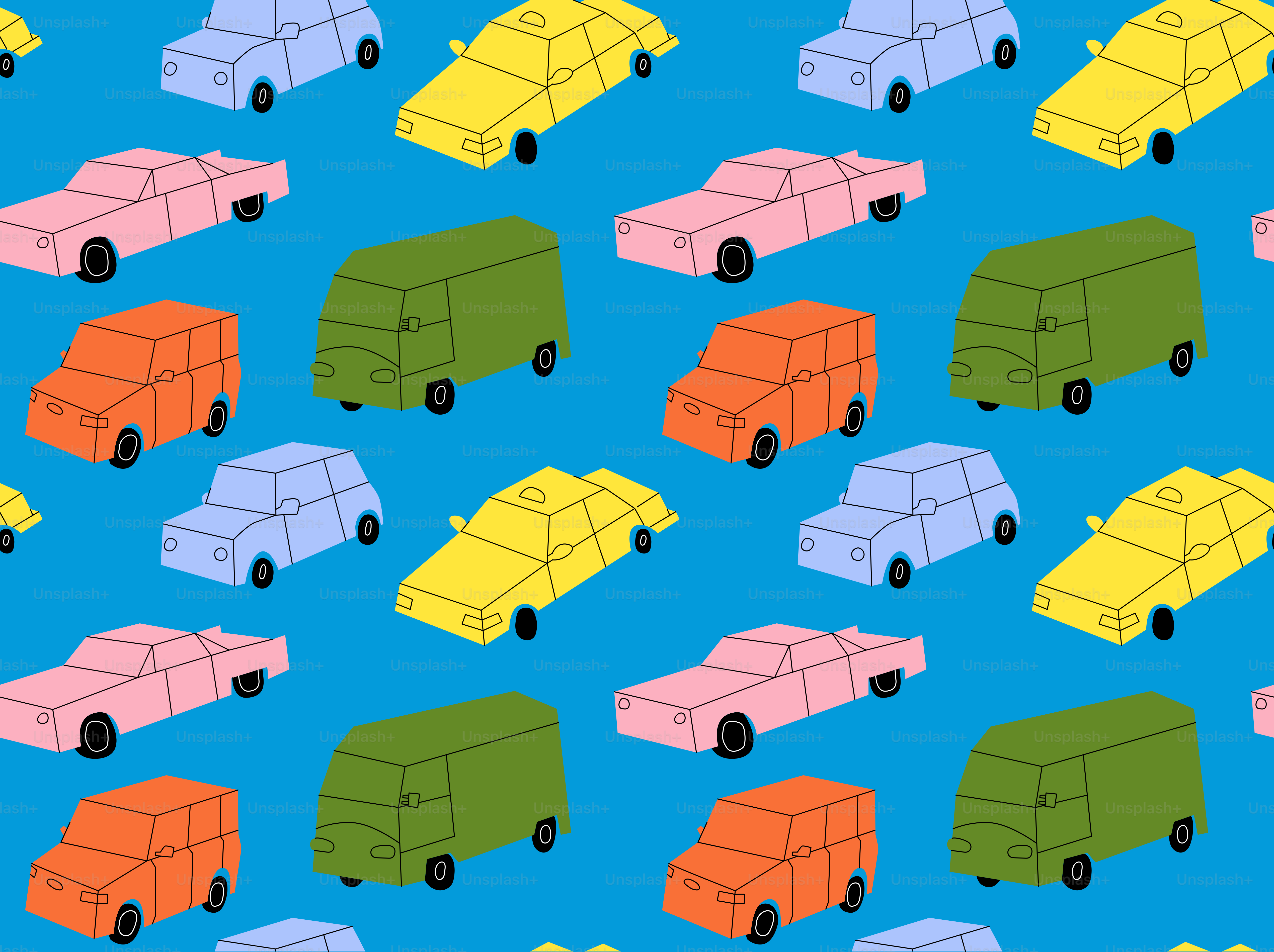Les voitures et les fourgonnettes sont répétées sur un fond bleu.