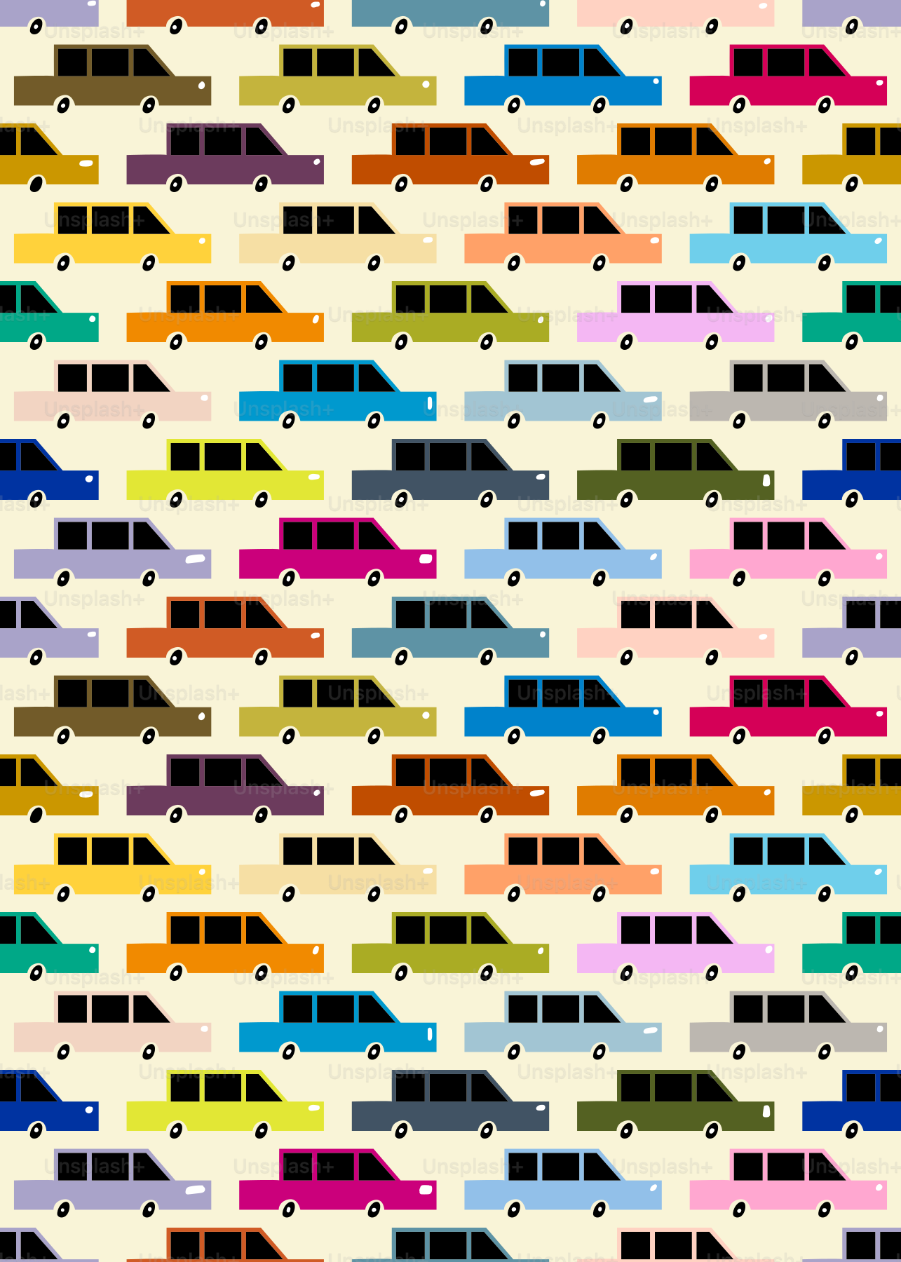 Colorful cars are packed closely together in a pattern.
