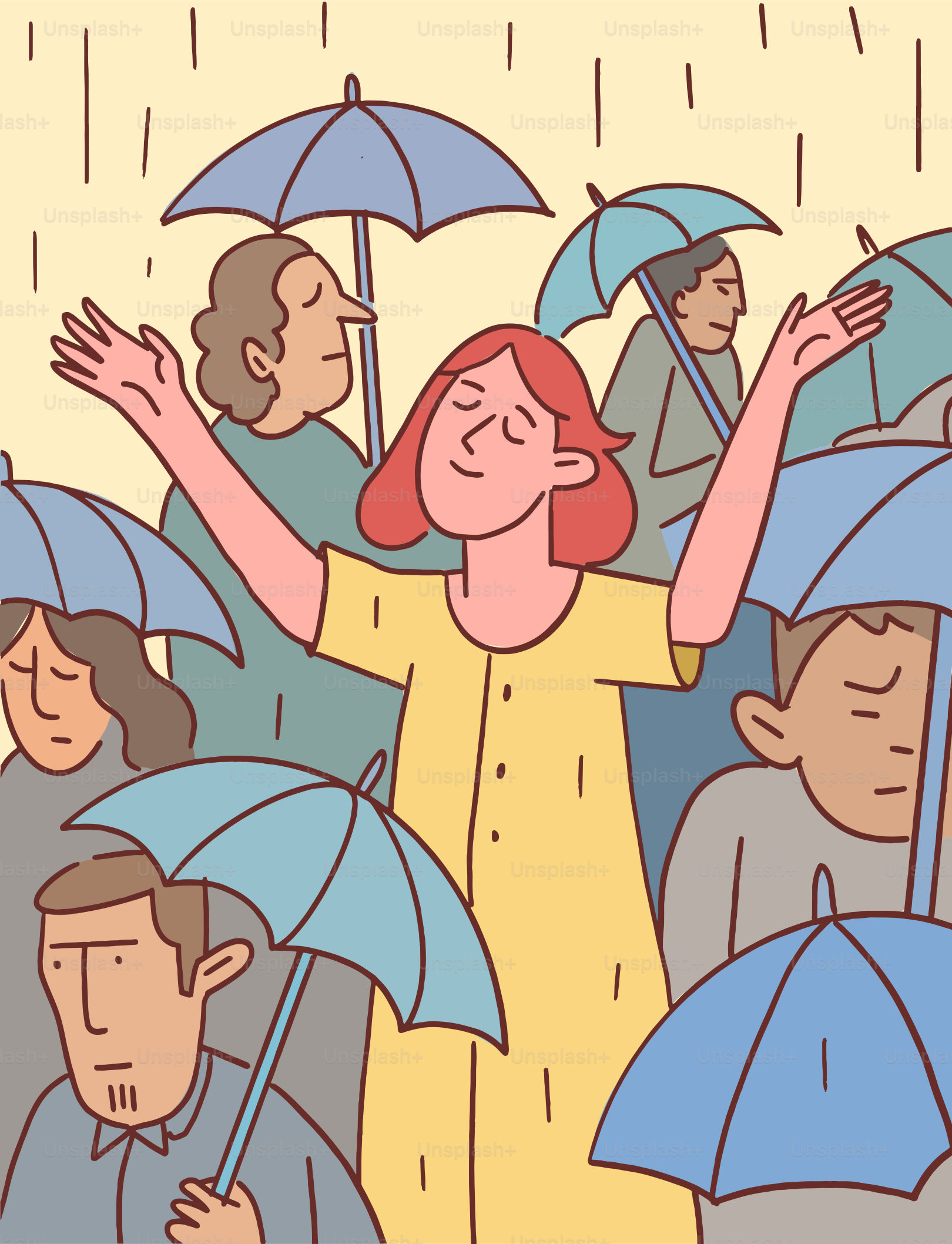 Woman enjoys the rain while others use umbrellas.