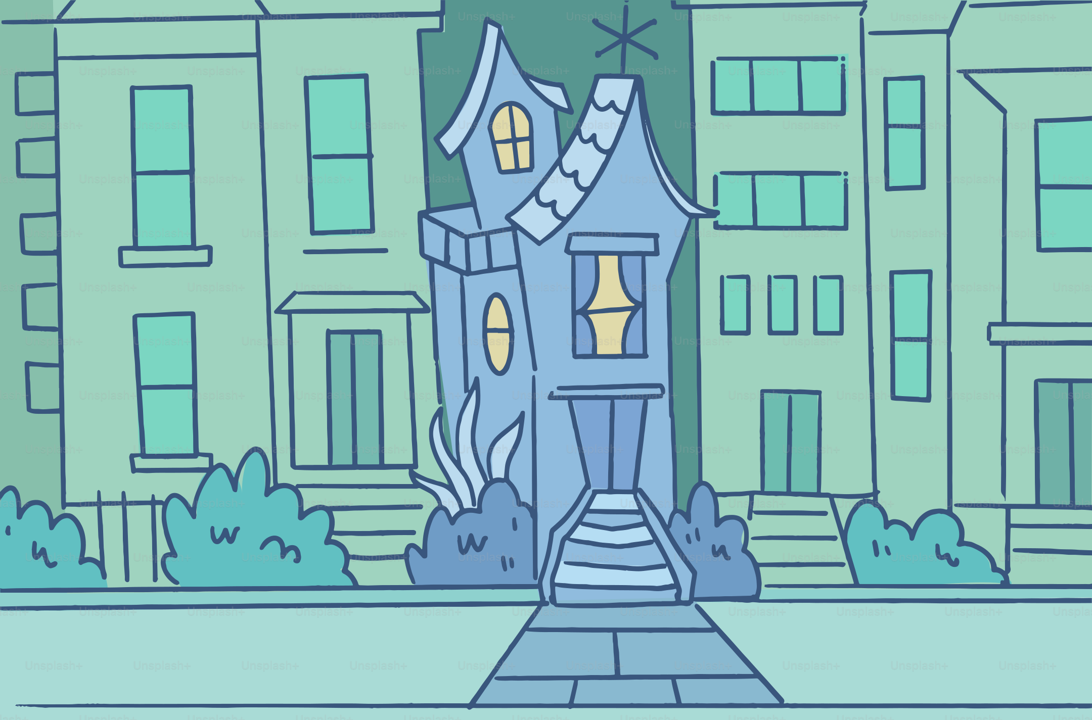 A spooky house stands out among the other houses.