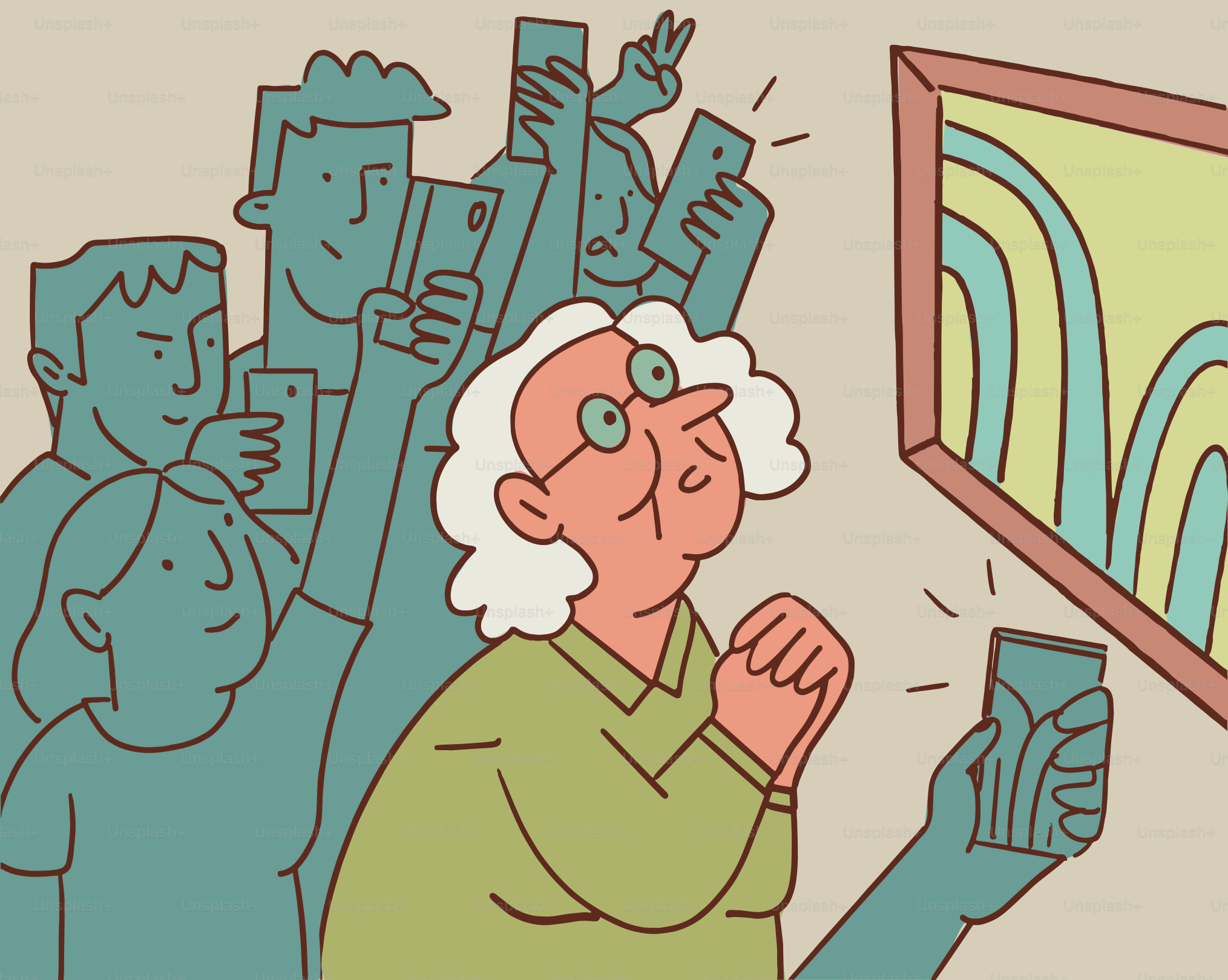 People take photos while one person admires the art.