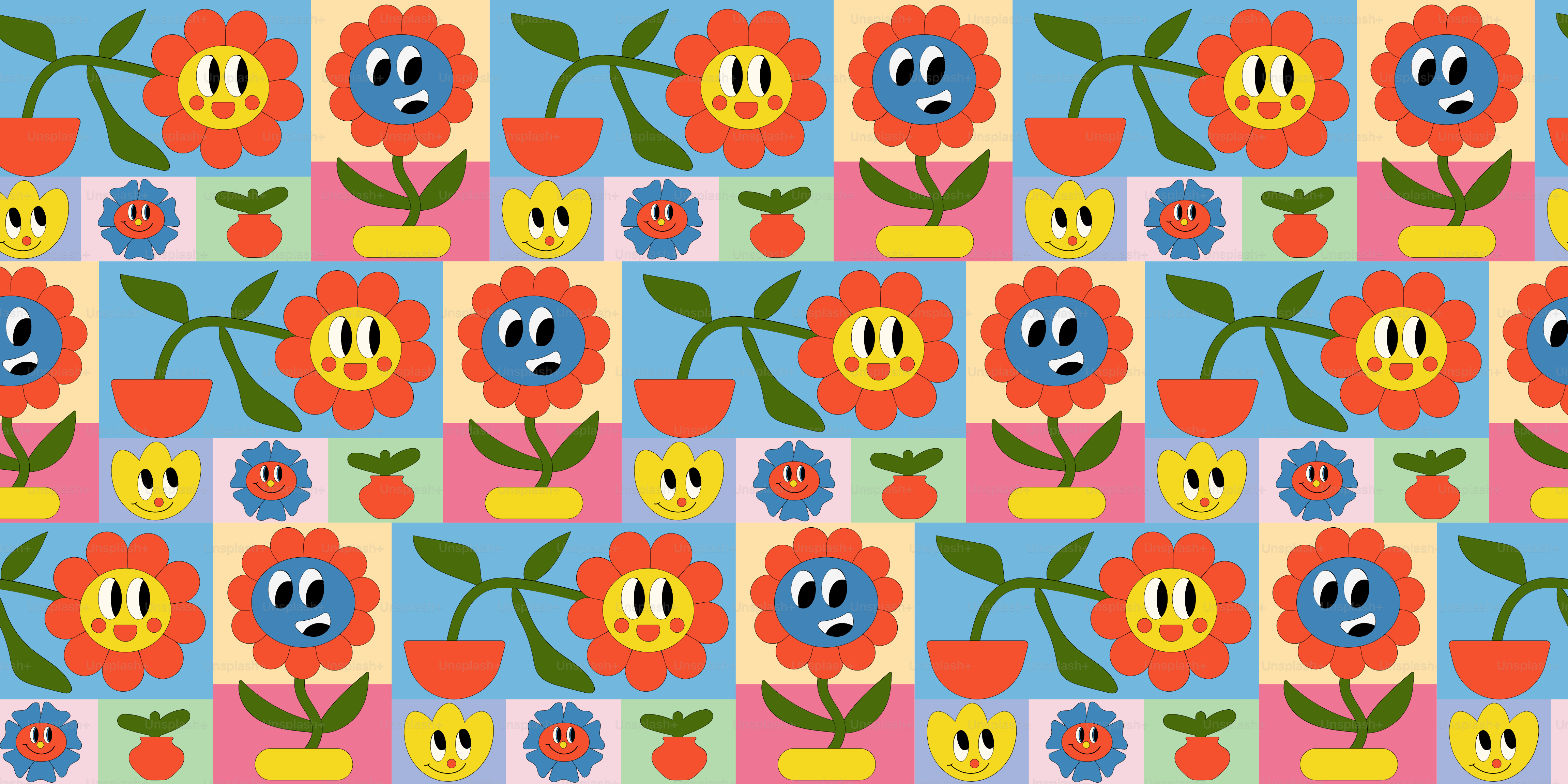 A pattern of smiling flowers and faces.