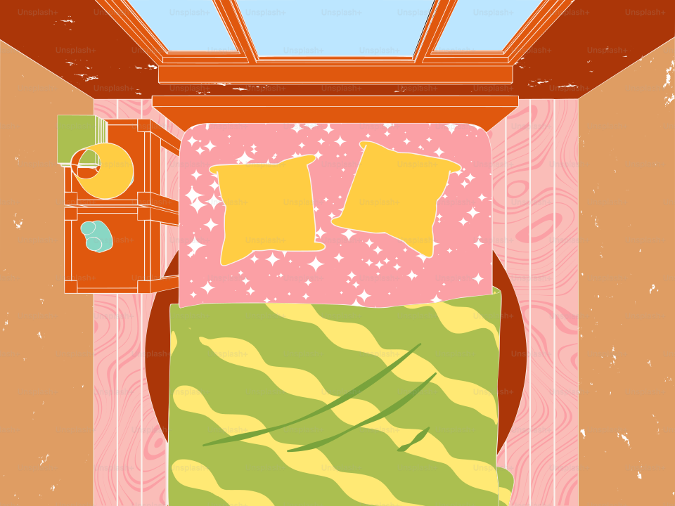 A cozy bedroom, viewed from above.