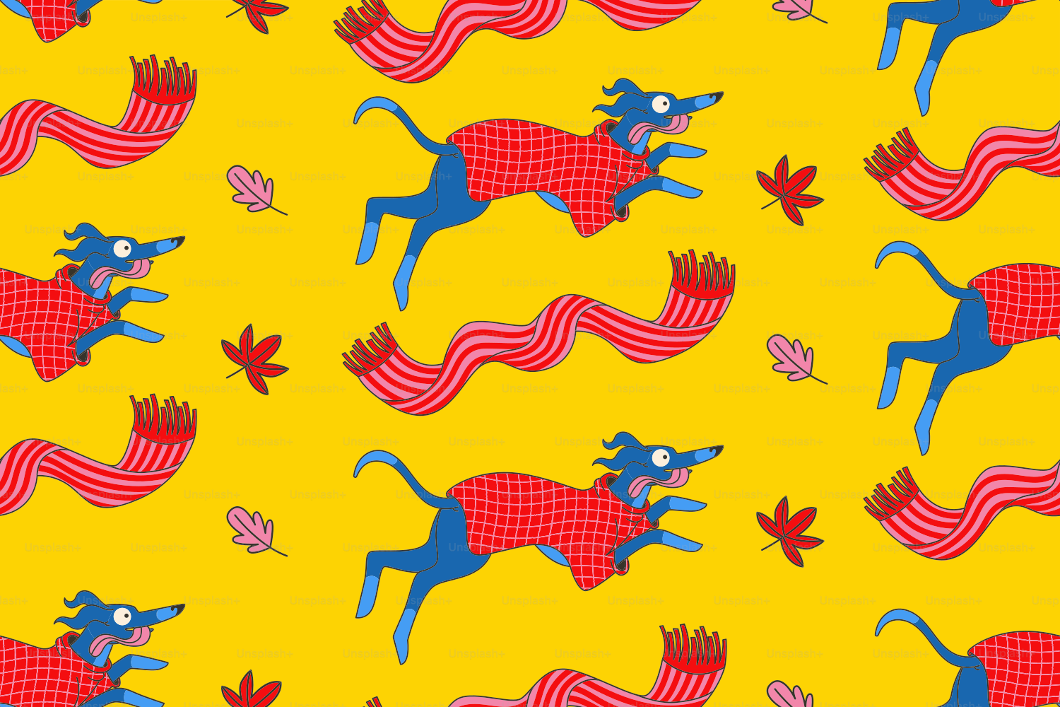 Dogs and scarves pattern on a yellow background.