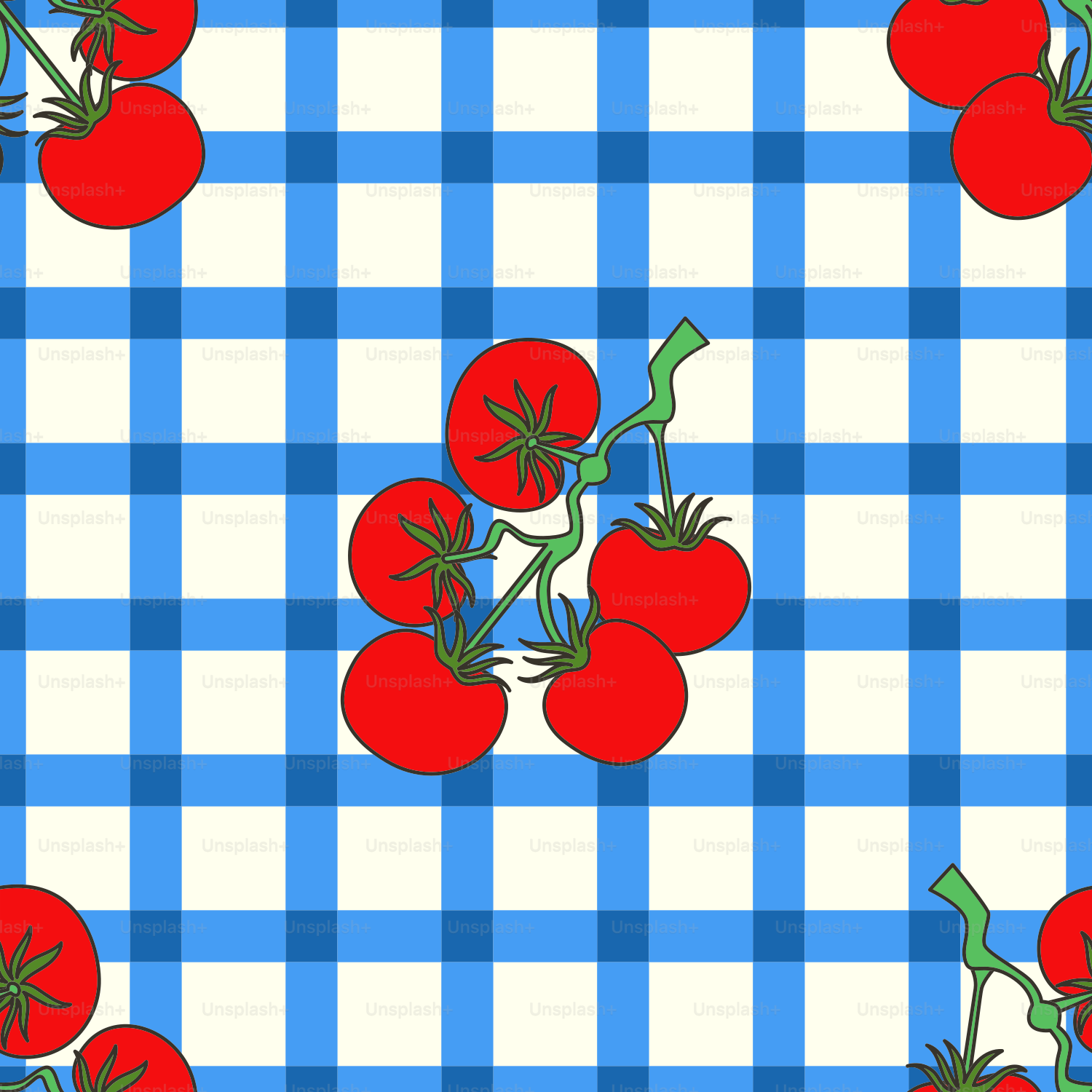 Tomatoes on a blue checkered tablecloth.
