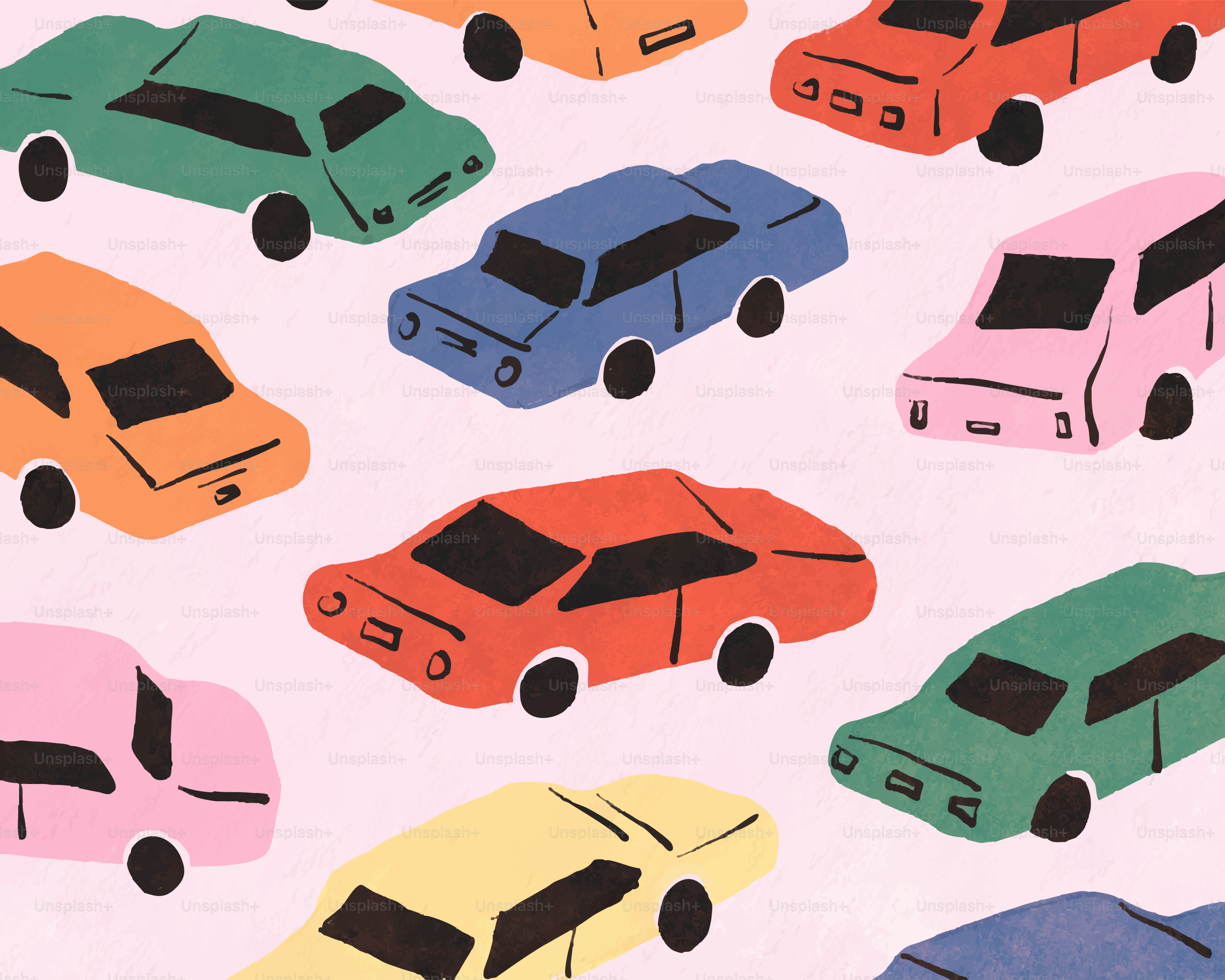 Colorful, illustrated cars are patterned across a background.