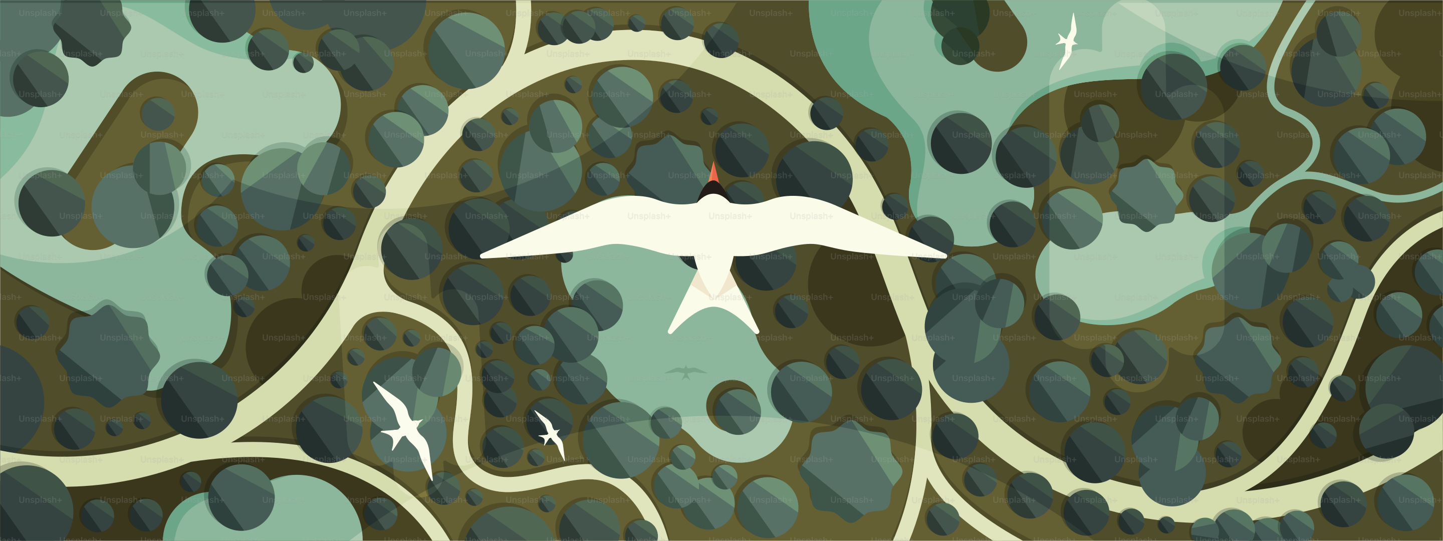 Birds fly over a forest landscape.