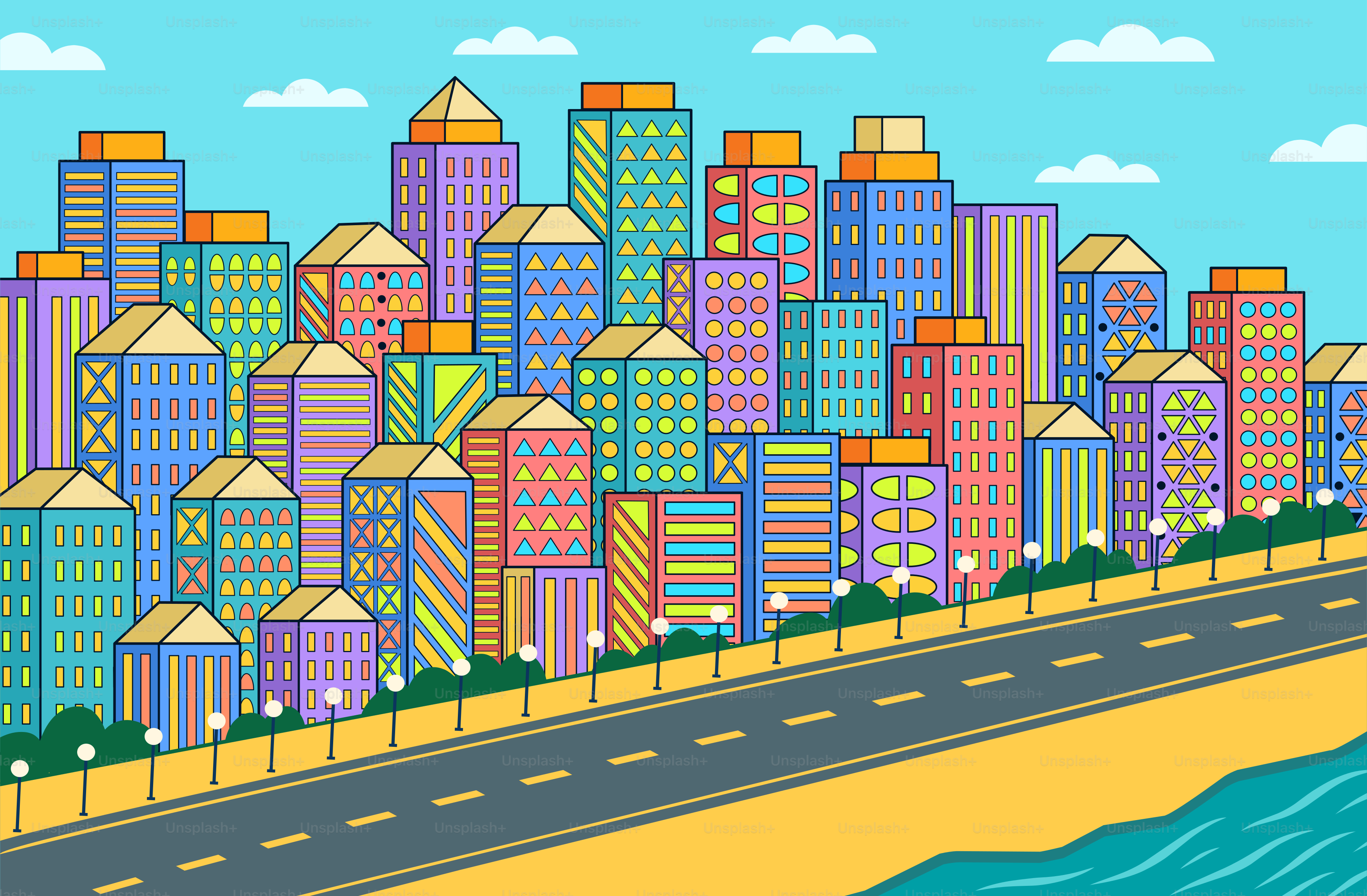 A colorful cityscape with bright buildings by the water.