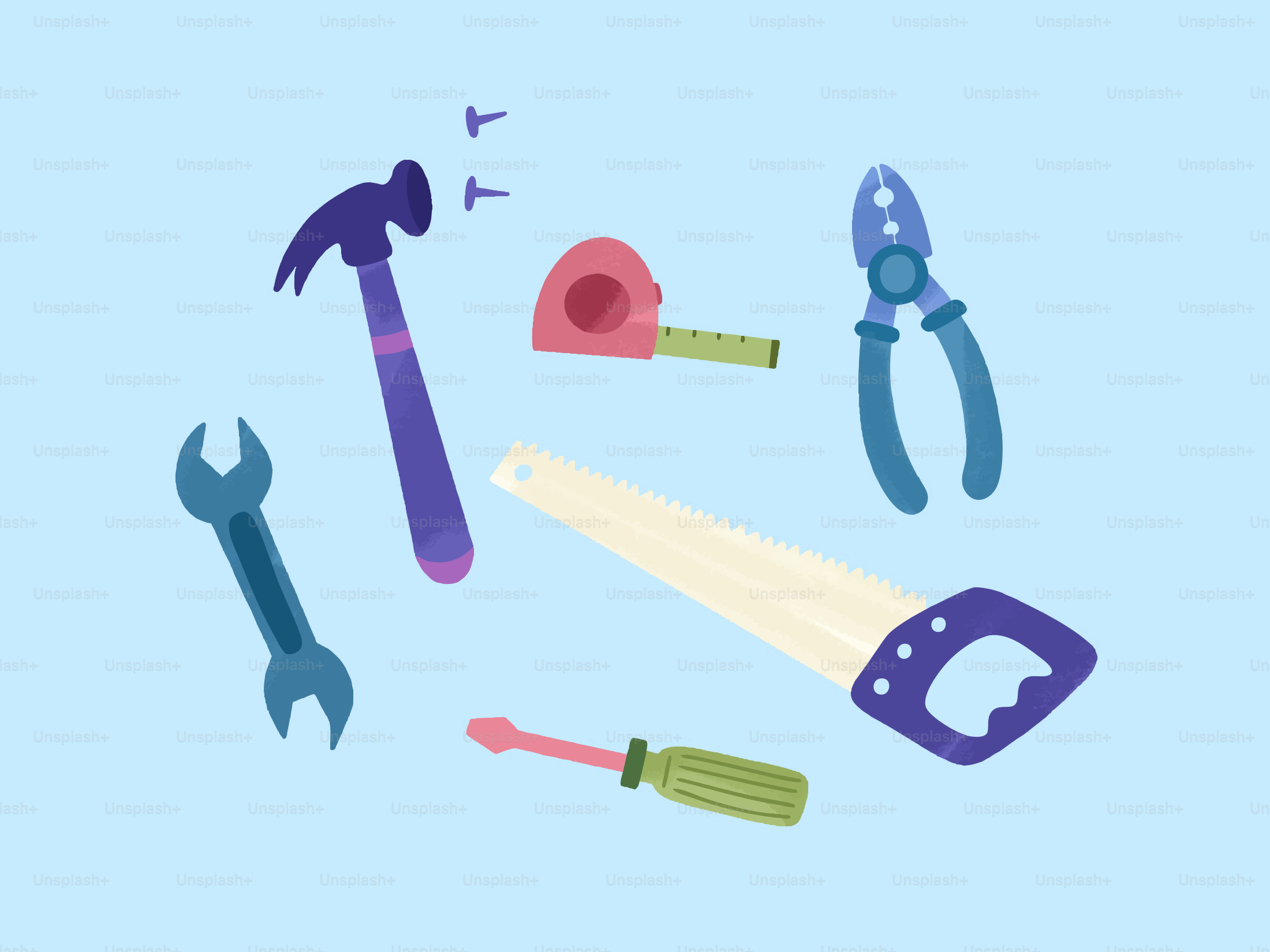 Une collection d’outils à main sur fond bleu.